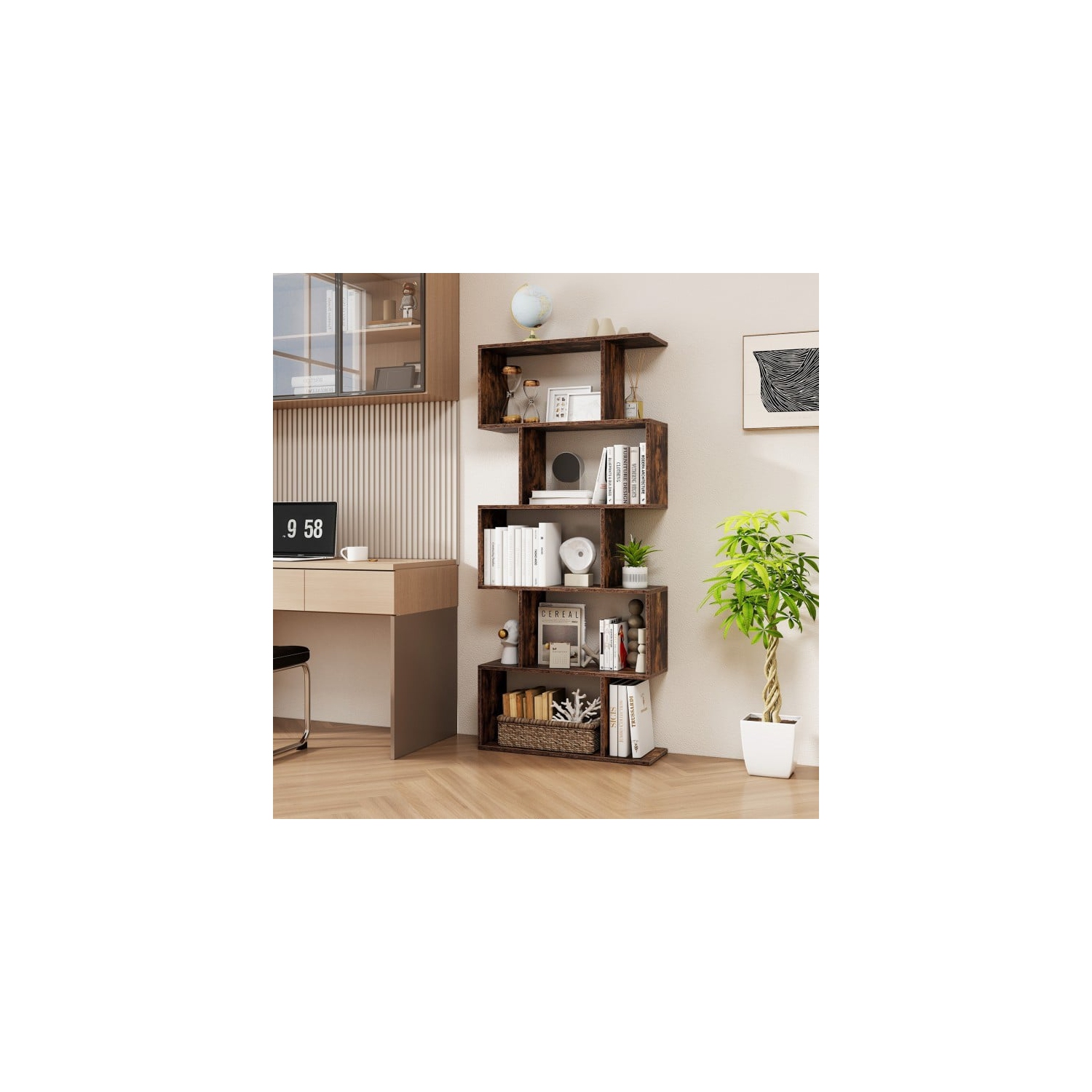 5-Tier Bookshelf with Anti-Toppling Device for Living Room or Home Office Storage