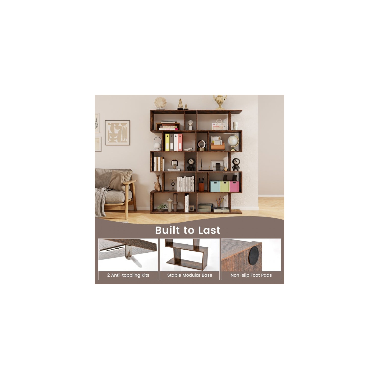 5-Tier Bookshelf with Anti-Toppling Device for Living Room or Home Office Storage
