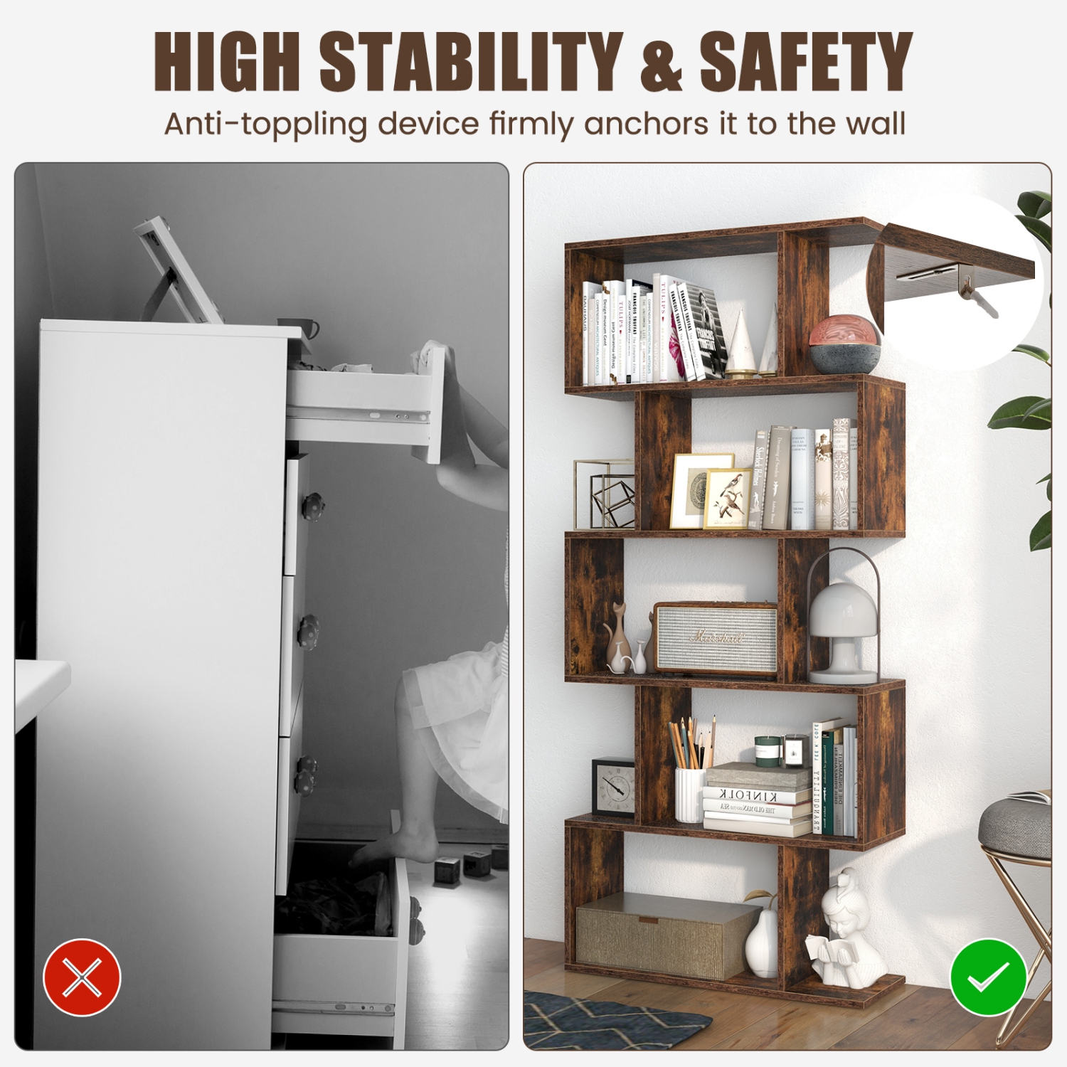 5-Tier Bookshelf with Anti-Toppling Device for Living Room or Home Office Storage