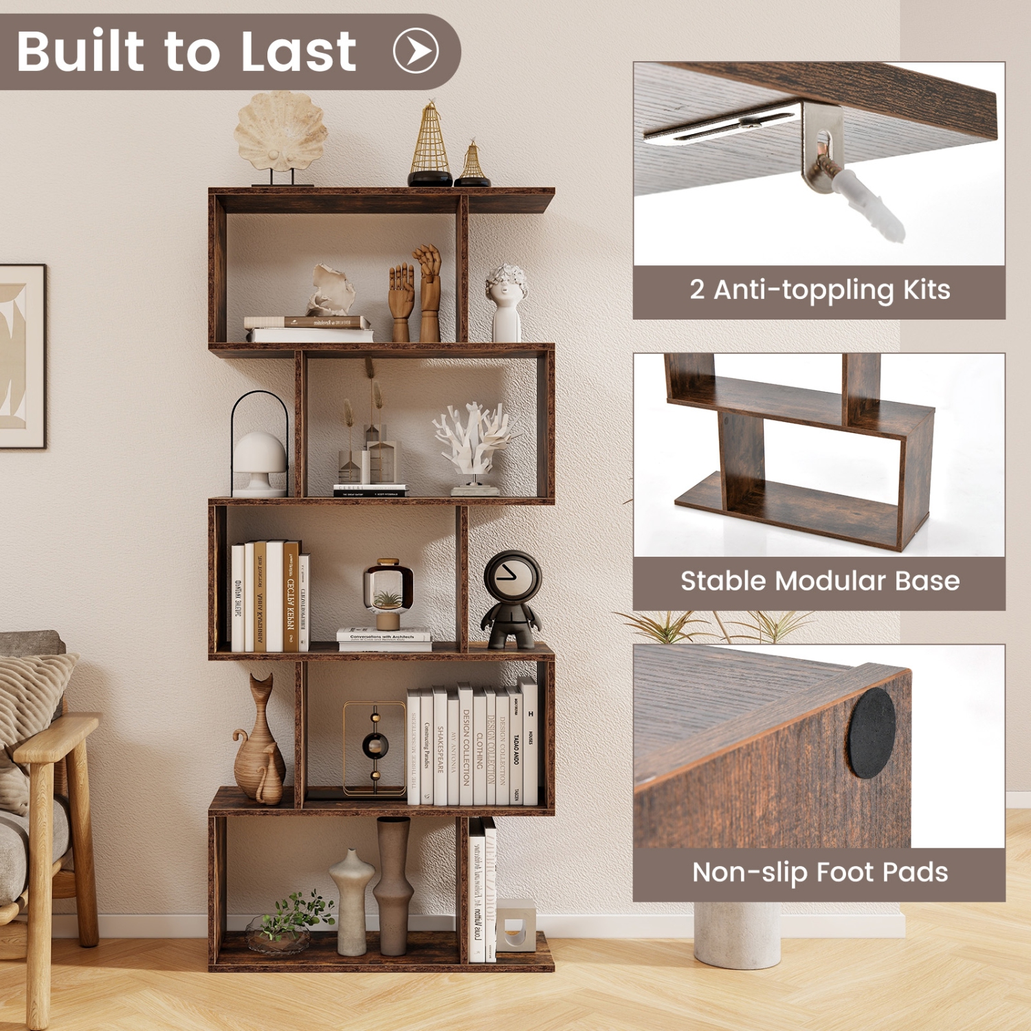 5-Tier Bookshelf with Anti-Toppling Device for Living Room or Home Office Storage