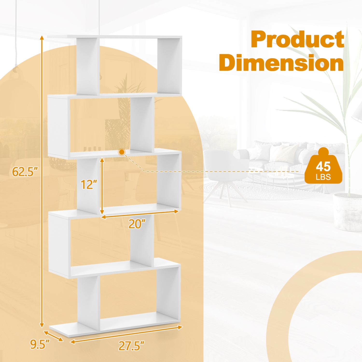 5-Tier Bookshelf with Anti-Toppling Device for Living Room or Home Office Storage