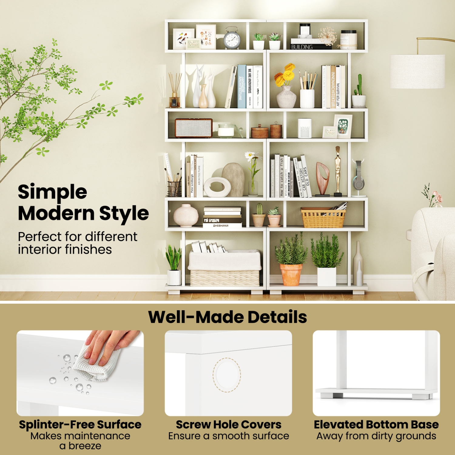 Freestanding 6-Shelf Bookcase with Anti-Tipping Kit for Living Room or Office