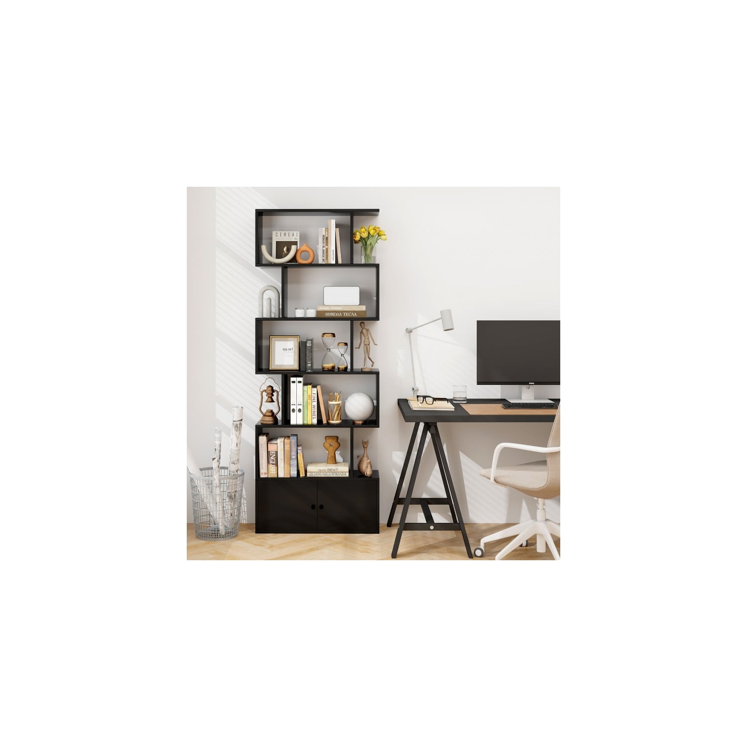 Bibliothèque autonome à 6 tablettes avec trousse antibasculement pour le salon ou le bureau