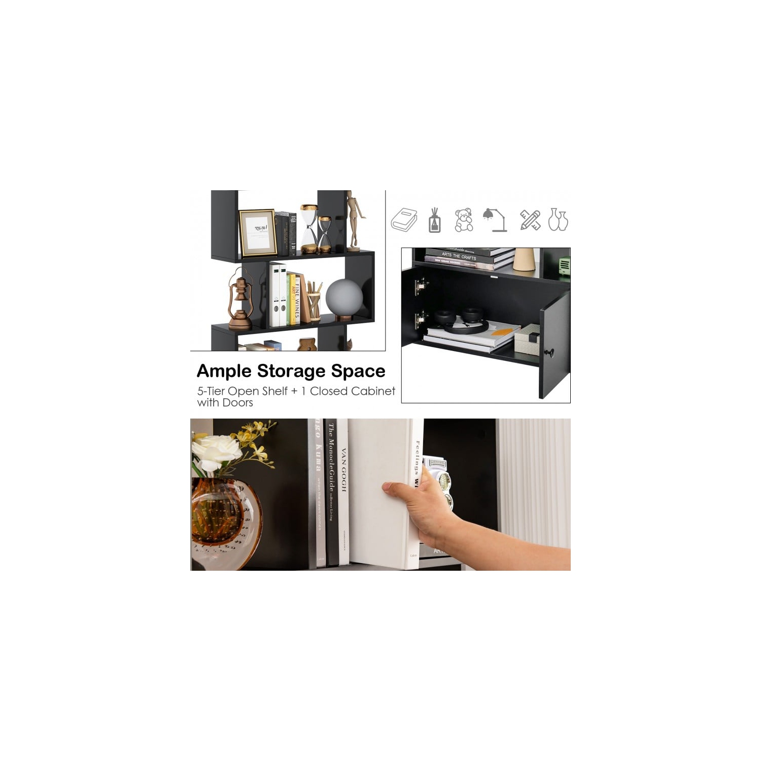 Bibliothèque autonome à 6 tablettes avec trousse antibasculement pour le salon ou le bureau