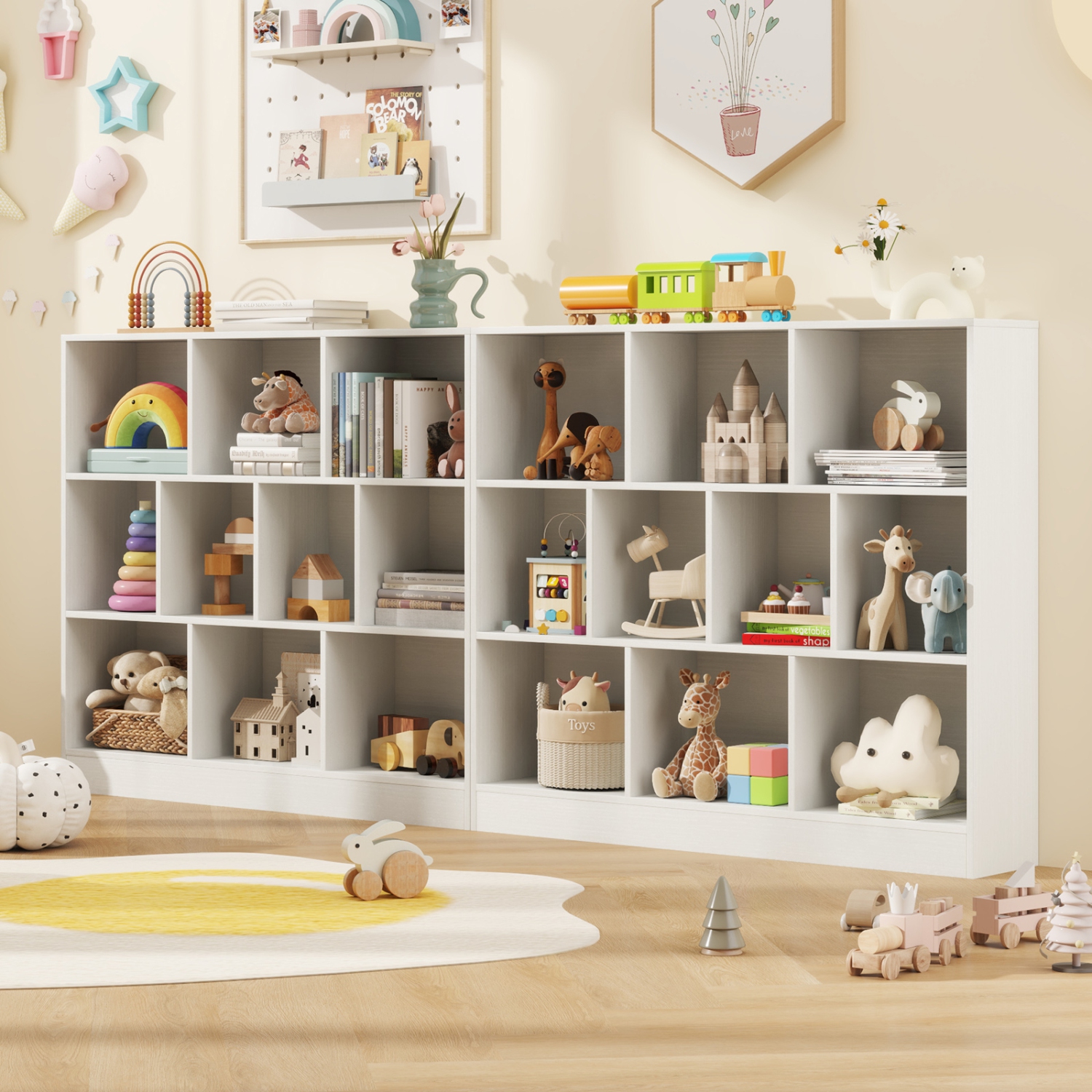 Wooden Toy Storage Organizer with 10 Cubes for Kids Room or Playroom