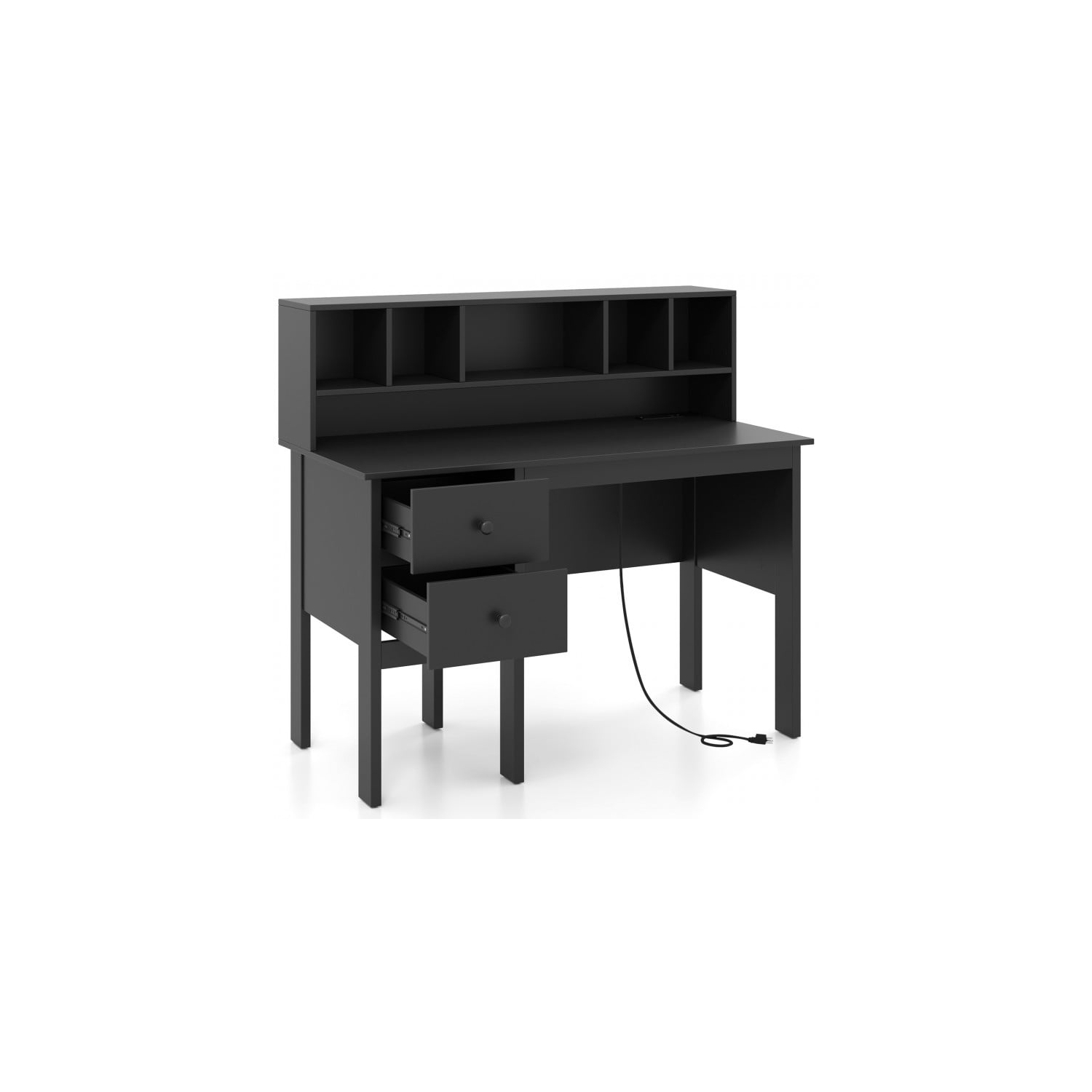 Bureau d'ordinateur avec tiroirs, prises d'alimentation et étagère à 5 compartiments pour le rangement de bureau