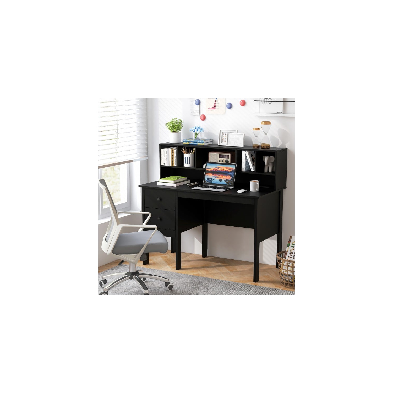 Bureau d'ordinateur avec tiroirs, prises d'alimentation et étagère à 5 compartiments pour le rangement de bureau