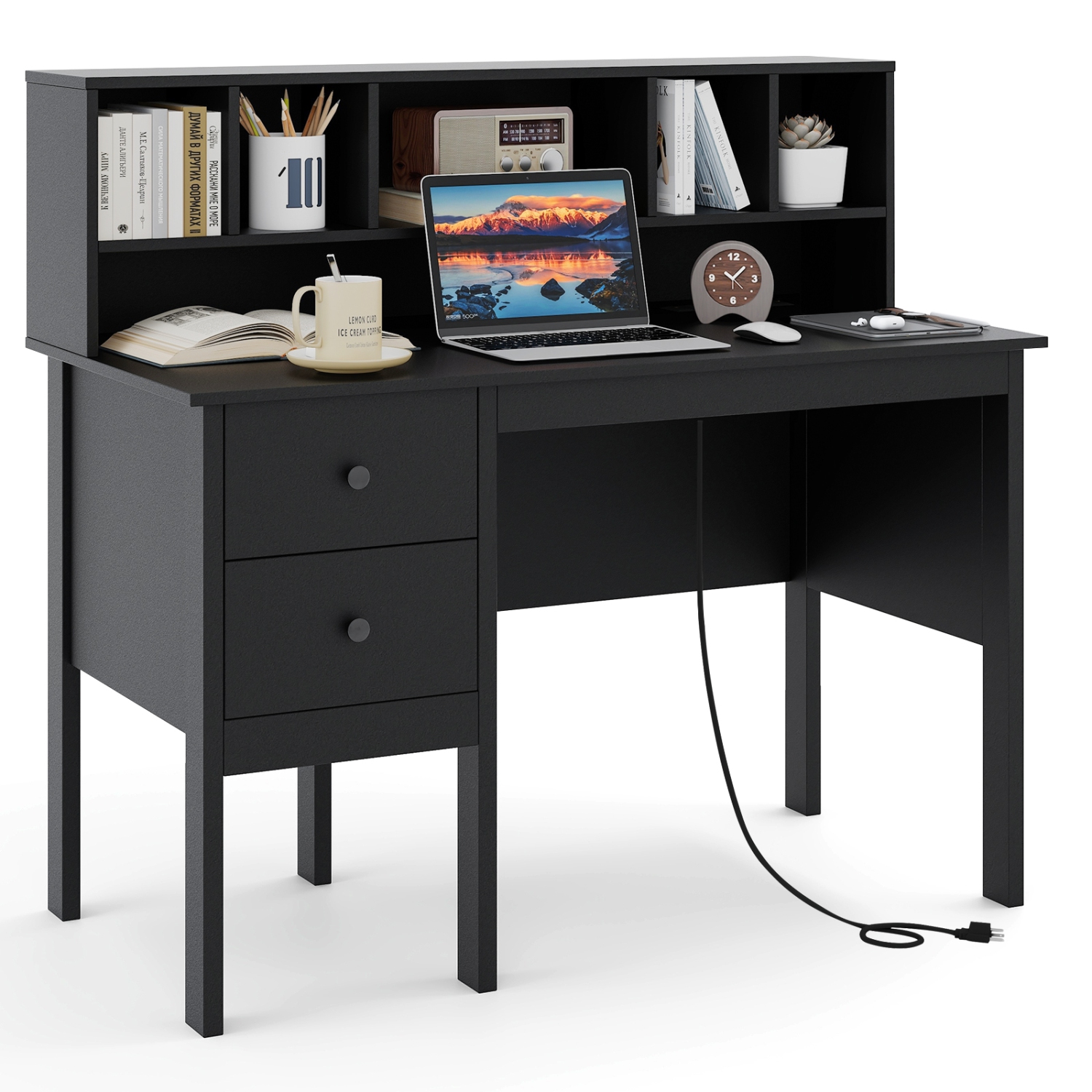 Bureau d'ordinateur avec tiroirs, prises d'alimentation et étagère à 5 compartiments pour le rangement de bureau