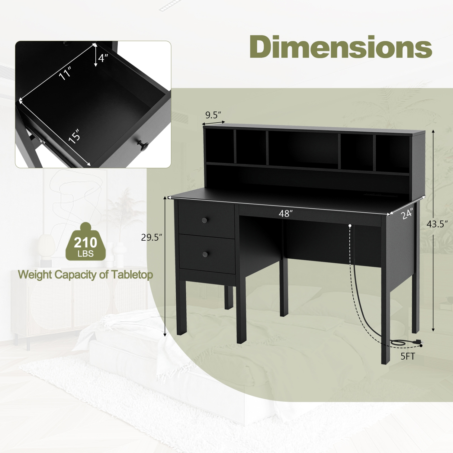 Bureau d'ordinateur avec tiroirs, prises d'alimentation et étagère à 5 compartiments pour le rangement de bureau
