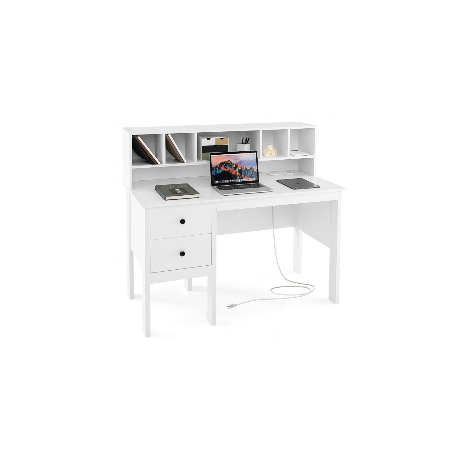 Bureau d'ordinateur avec tiroirs, prises d'alimentation et étagère à 5 compartiments pour le rangement de bureau