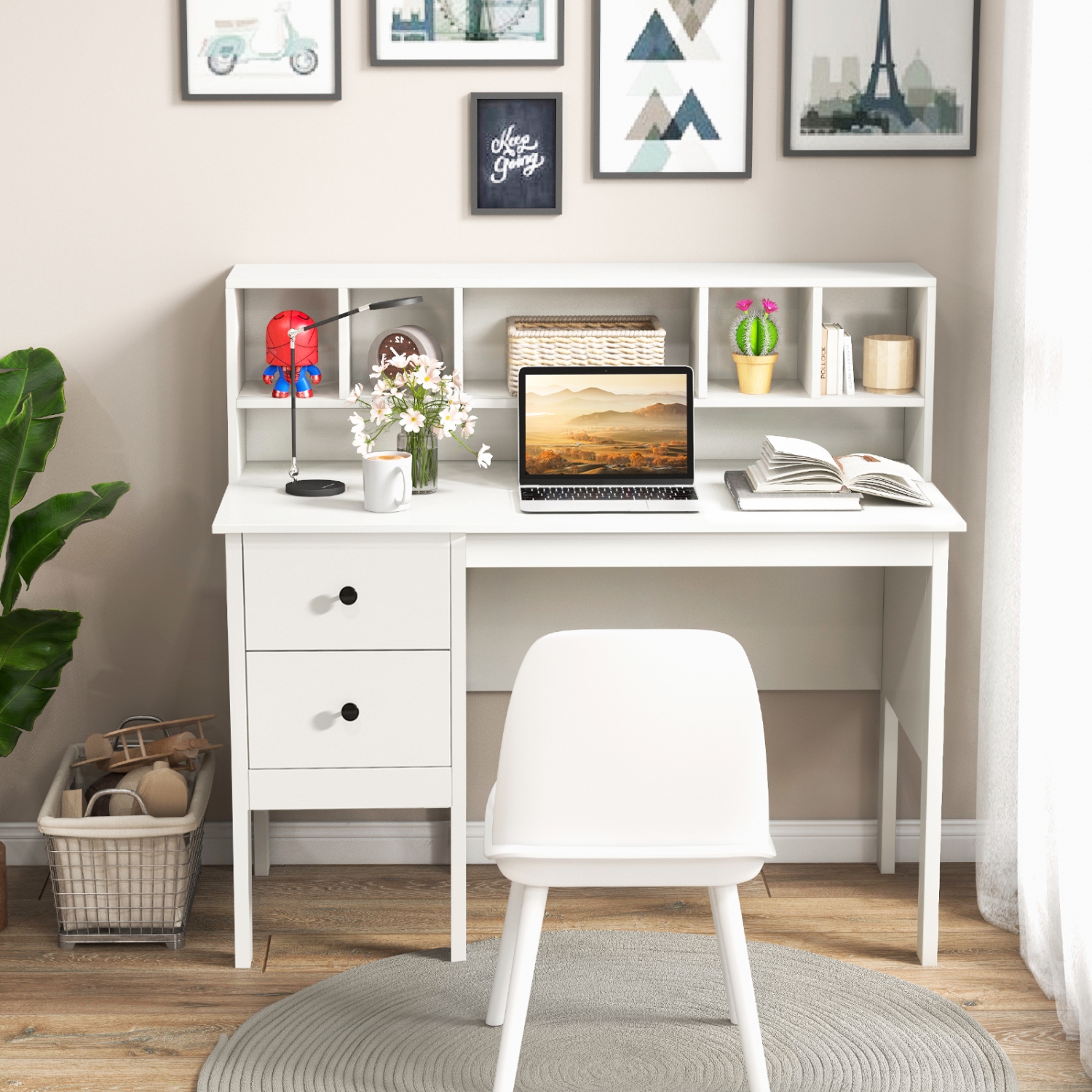 Bureau d'ordinateur avec tiroirs, prises d'alimentation et étagère à 5 compartiments pour le rangement de bureau