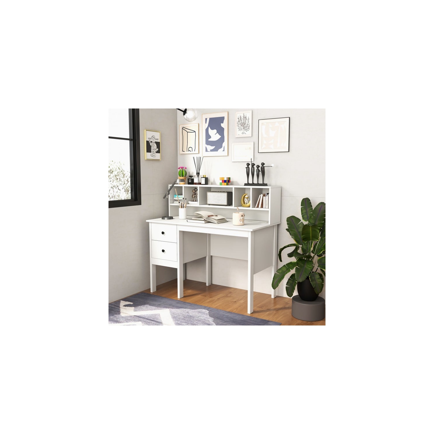 Bureau d'ordinateur avec tiroirs, prises d'alimentation et étagère à 5 compartiments pour le rangement de bureau