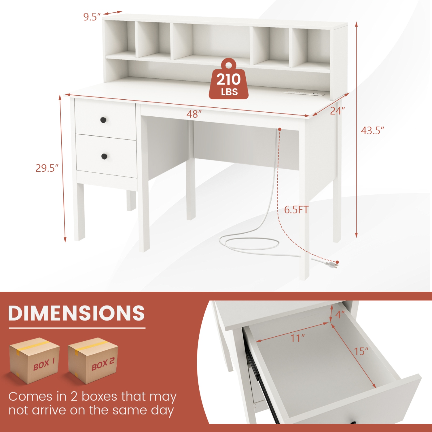 Bureau d'ordinateur avec tiroirs, prises d'alimentation et étagère à 5 compartiments pour le rangement de bureau