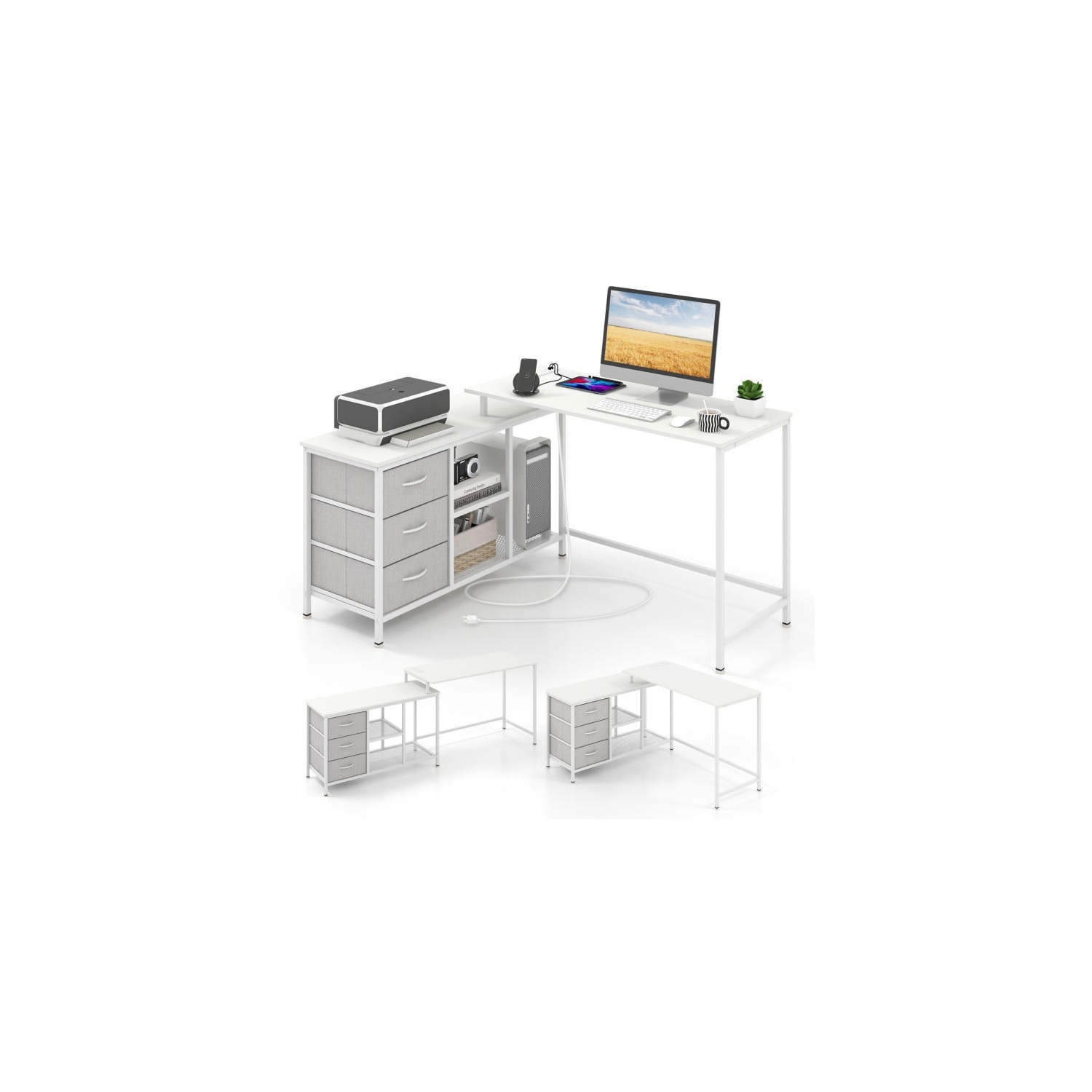 L-Shaped Computer Desk with Power Outlet for Work, Study, and Gaming Setup