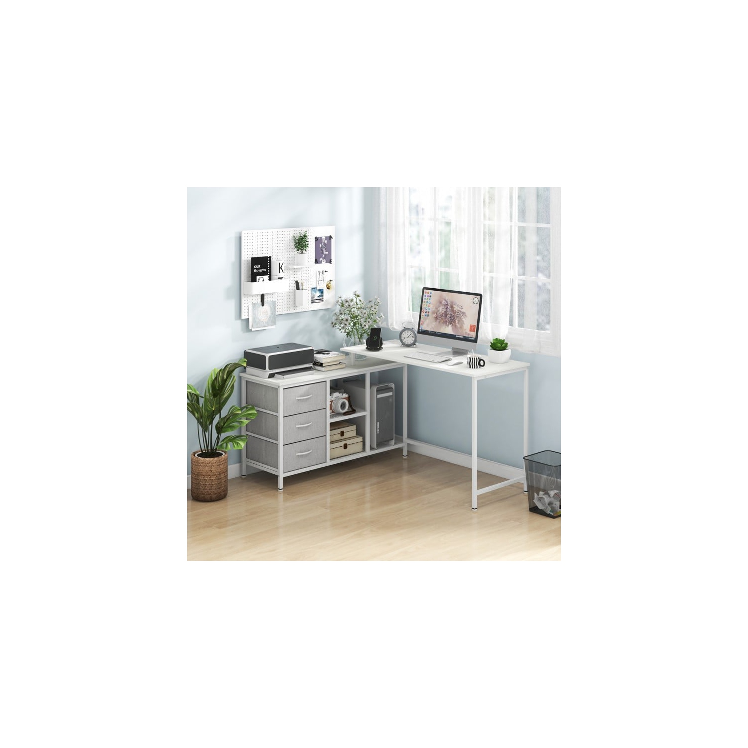 L-Shaped Computer Desk with Power Outlet for Work, Study, and Gaming Setup