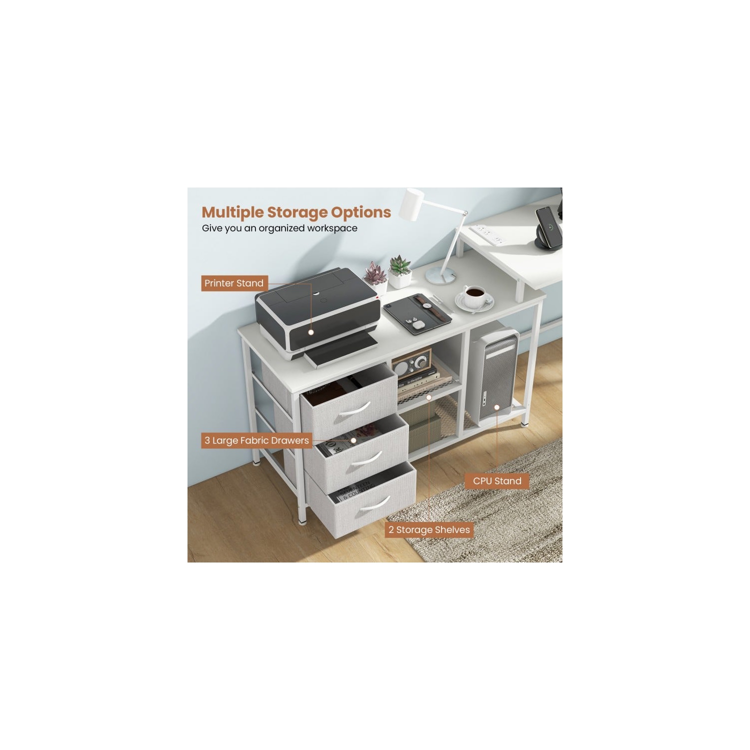 L-Shaped Computer Desk with Power Outlet for Work, Study, and Gaming Setup