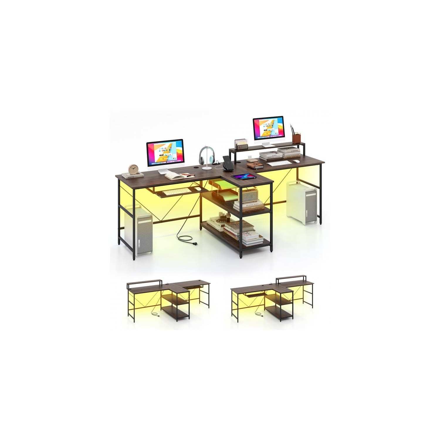 2-Person Reversible Computer Desk with LED Lights, Long Office Desk for Shared Workspace