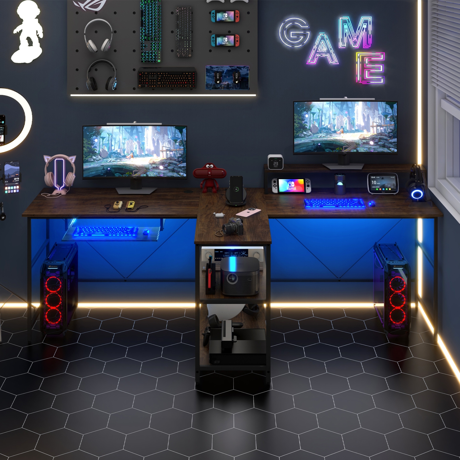 2-Person Reversible Computer Desk with LED Lights, Long Office Desk for Shared Workspace