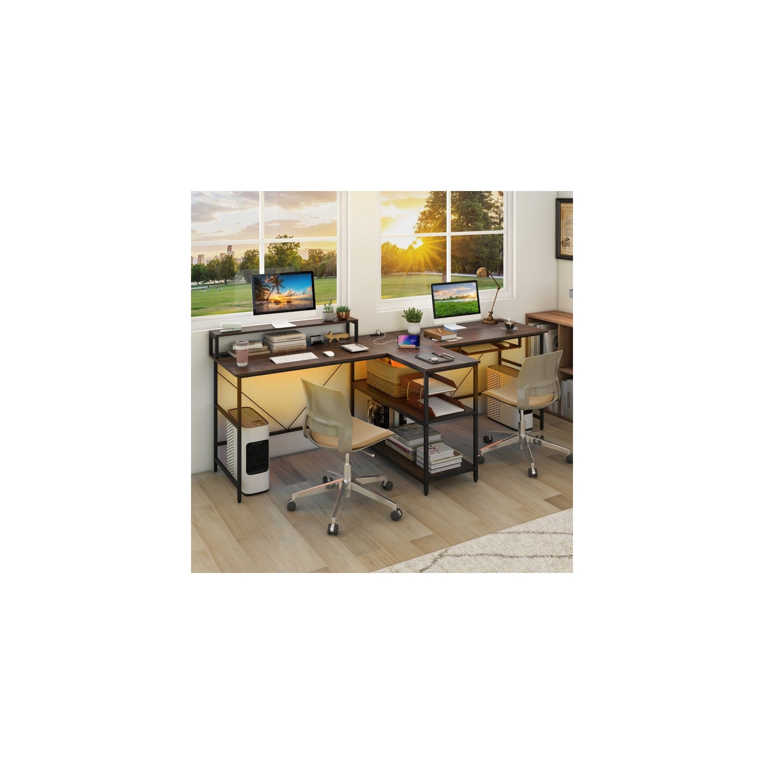 2-Person Reversible Computer Desk with LED Lights, Long Office Desk for Shared Workspace