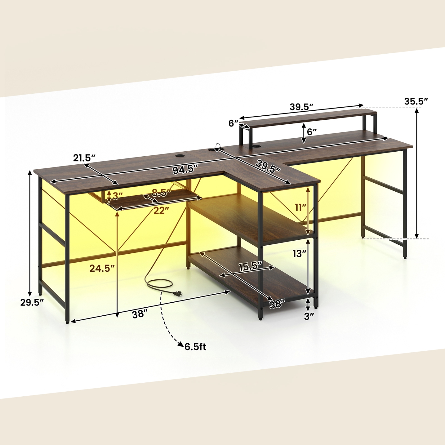 2-Person Reversible Computer Desk with LED Lights, Long Office Desk for Shared Workspace