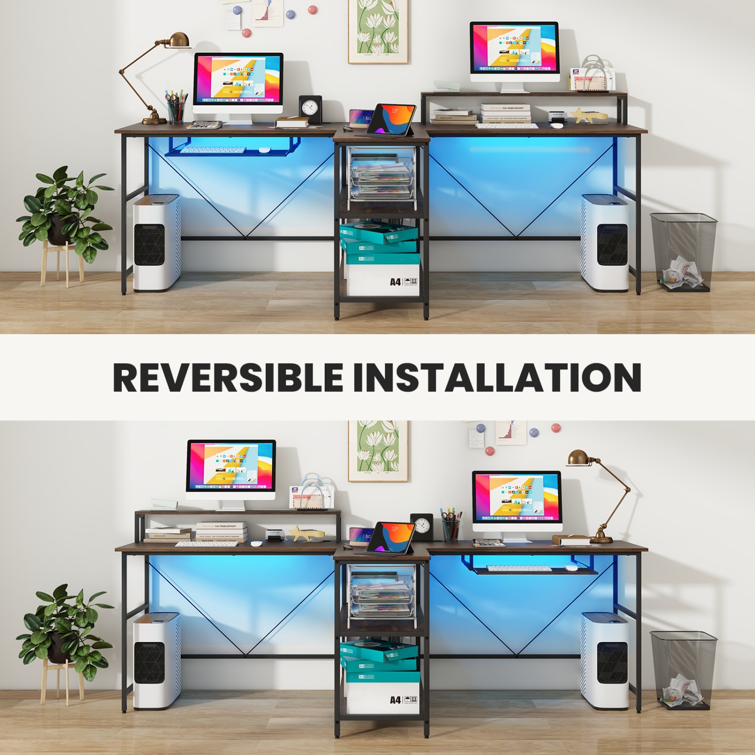 2-Person Reversible Computer Desk with LED Lights, Long Office Desk for Shared Workspace