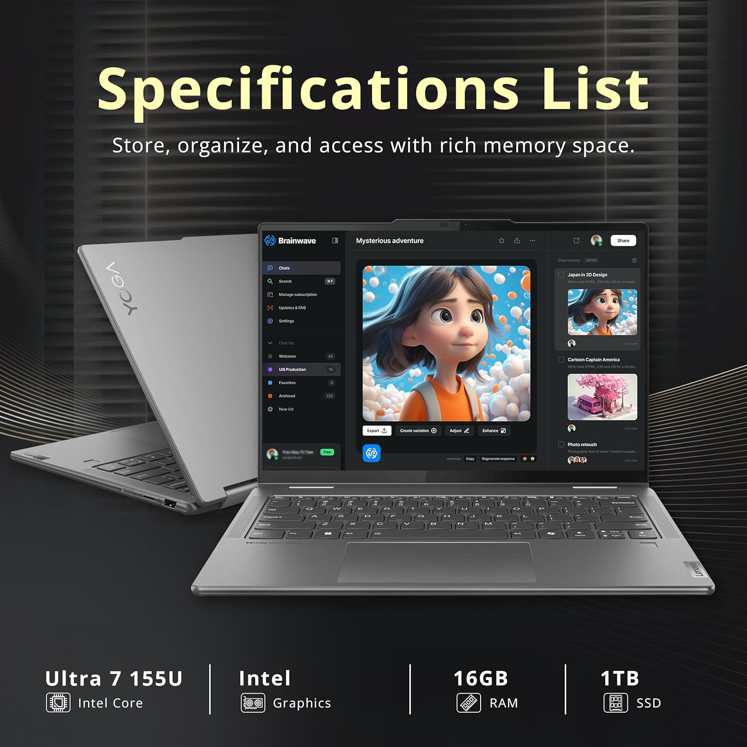 Open Box - Lenovo Yoga 7i 2-in-1 14" 2K Touchscreen Laptop, Intel Ultra 7 155U, 1TB SSD, 16GB LPDDR5X, Backlit Keyboard, Fingerprint Reader, WiFi 6E,