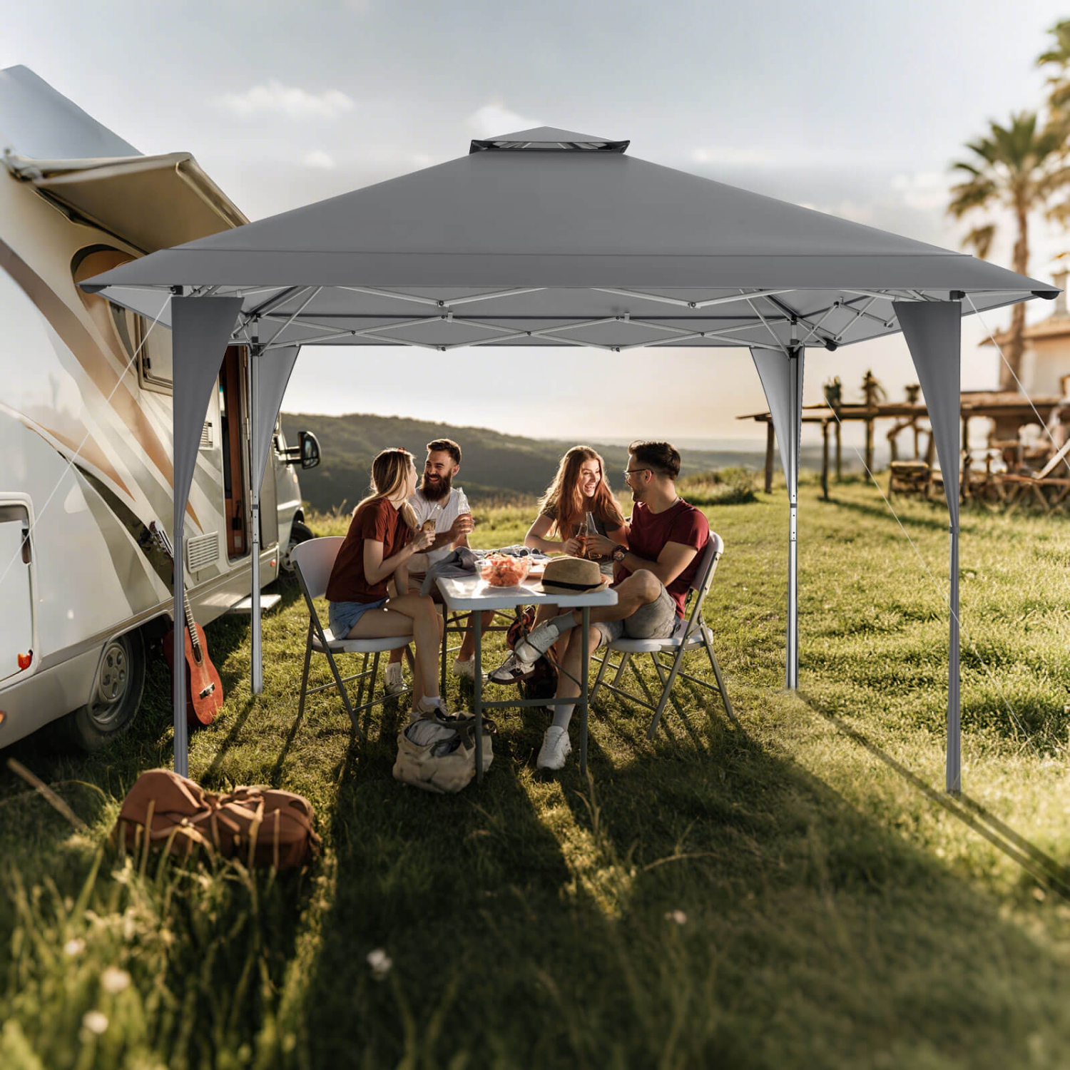 Tente extérieure avec abri de jardin escamotable de Costway de 13 x 13&nbsp;pi et sac de transport portatif, 8 piquets rose/gris/beige/kaki