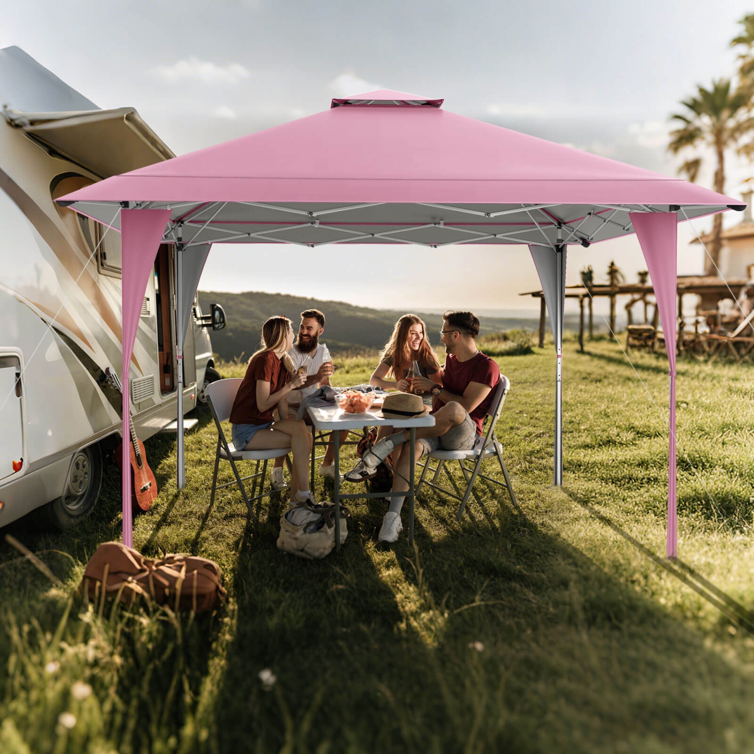 Tente extérieure avec abri de jardin escamotable de Costway de 13 x 13&nbsp;pi et sac de transport portatif, 8 piquets rose/gris/beige/kaki