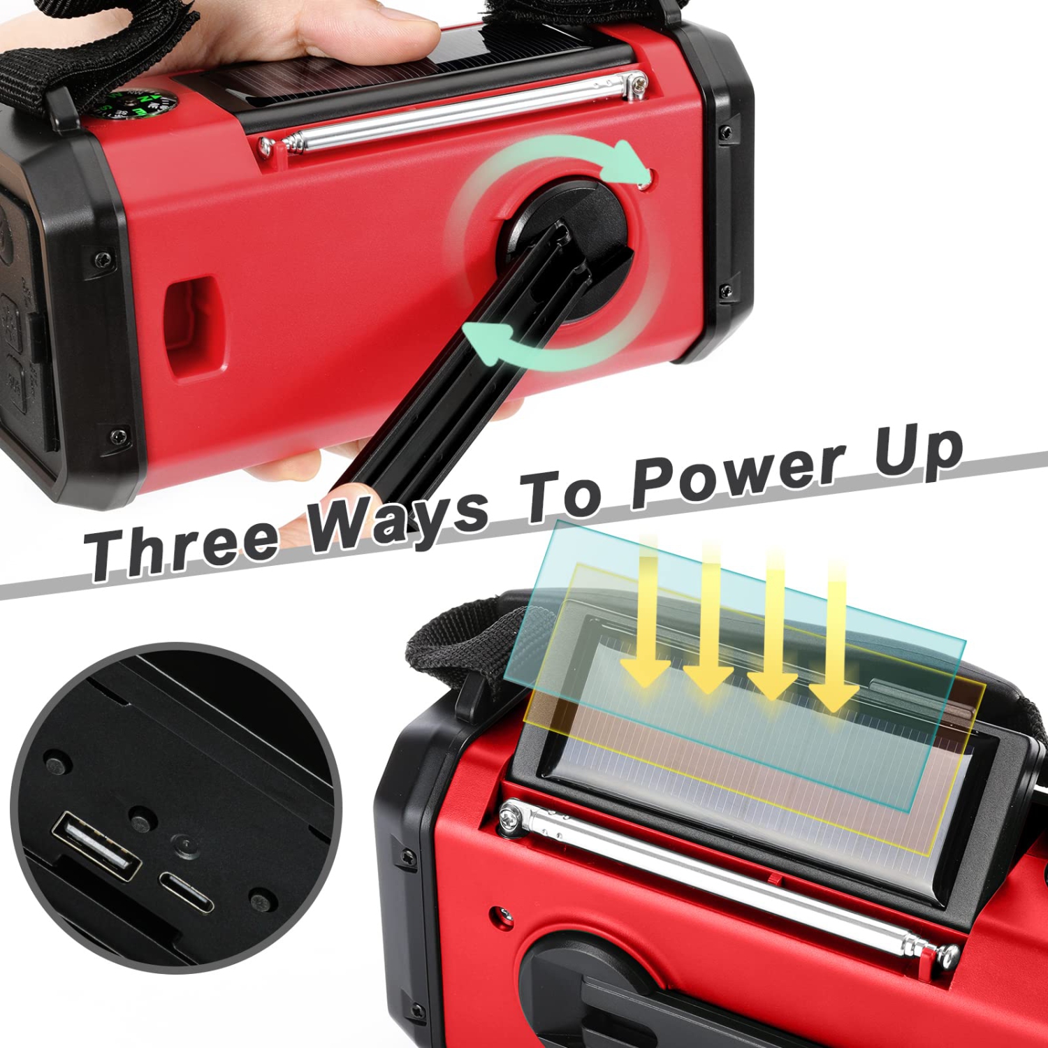 Radio d'urgence à manivelle, radio solaire AM/FM/NOAA 10&nbsp;000&nbsp;mAh avec lampe de poche multifonction LED pour les urgences