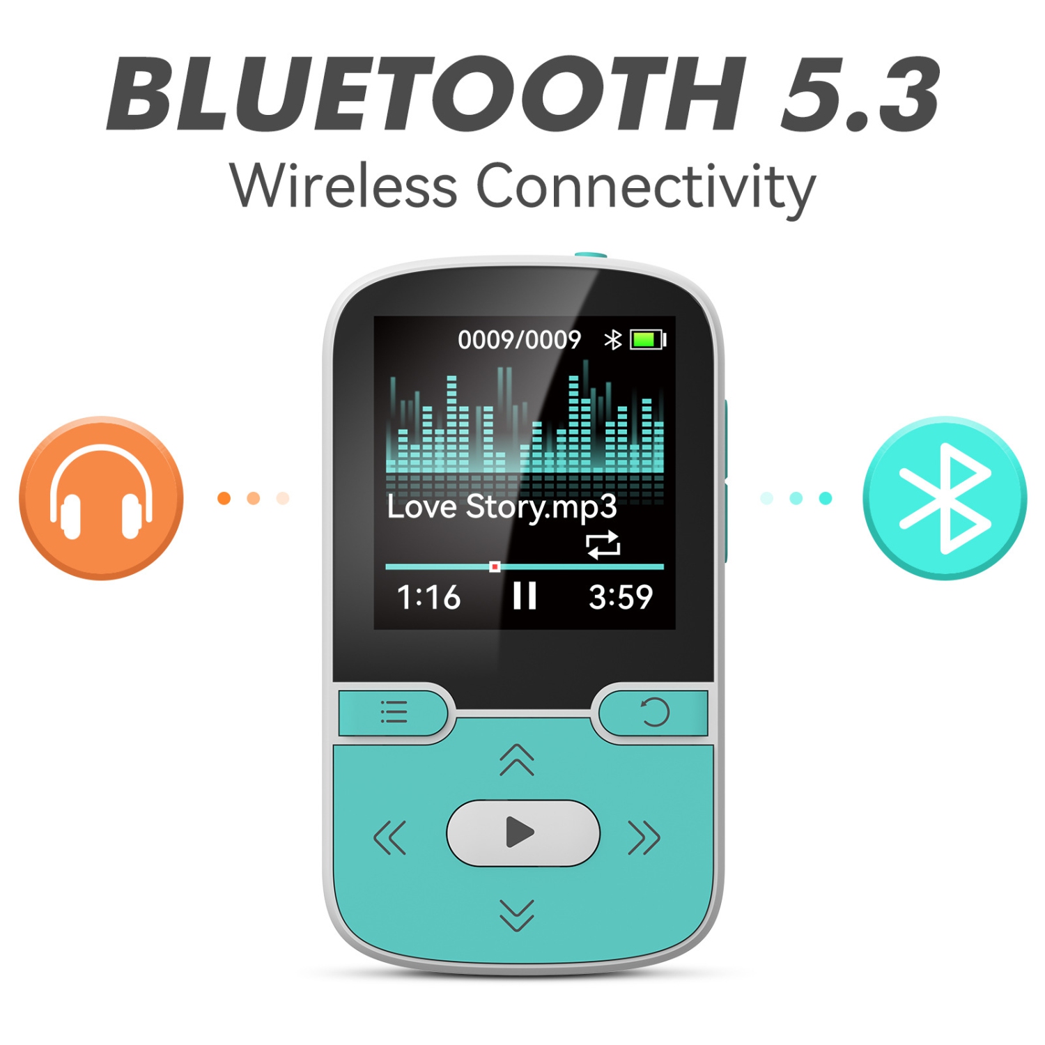 Lecteur Bluetooth 5.3&nbsp;Mpx de 1,2&nbsp;po avec pince - Podomètre sportif, écoute de musique, enregistreur vocal, écran couleur 320 x 240, prise
