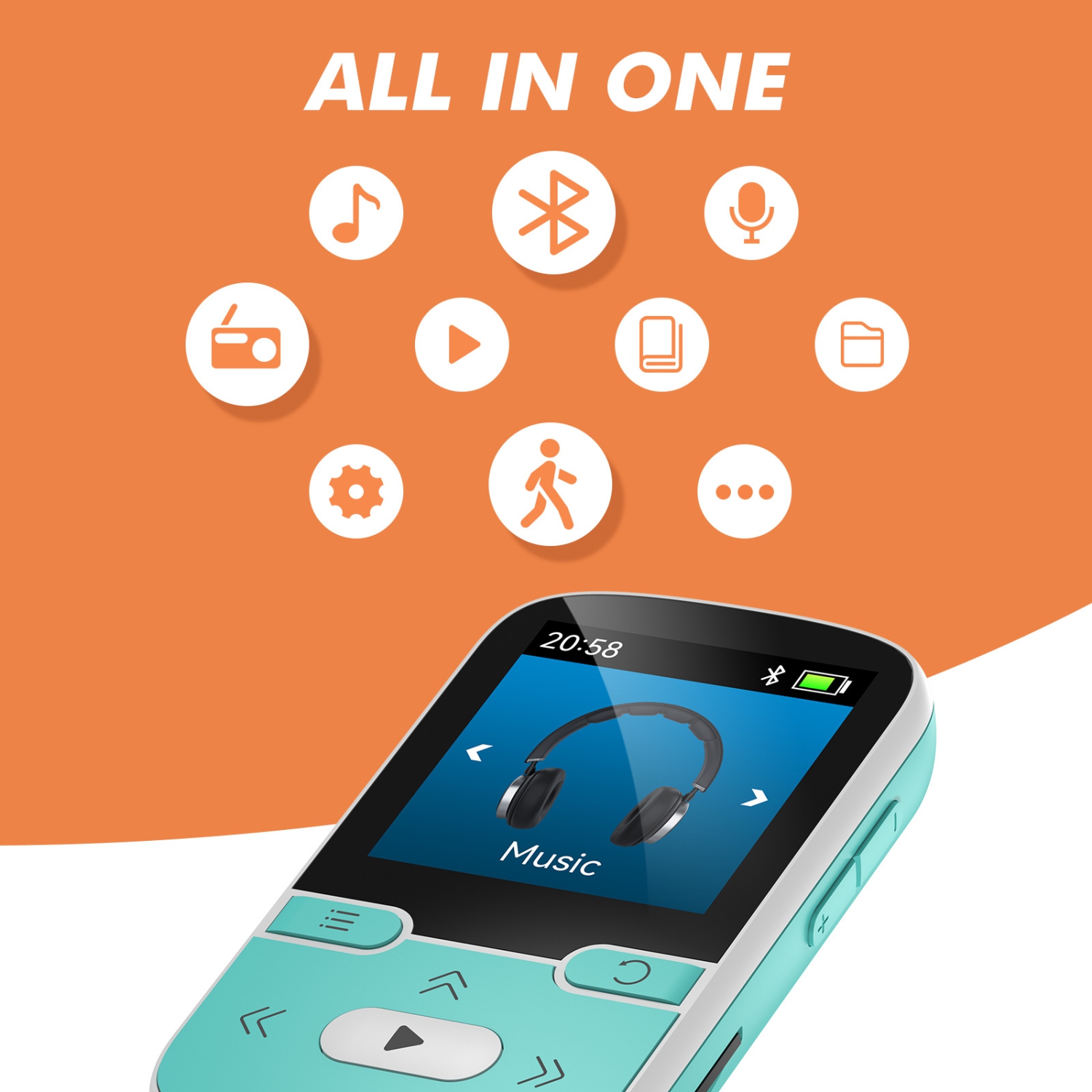 Lecteur Bluetooth 5.3&nbsp;Mpx de 1,2&nbsp;po avec pince - Podomètre sportif, écoute de musique, enregistreur vocal, écran couleur 320 x 240, prise