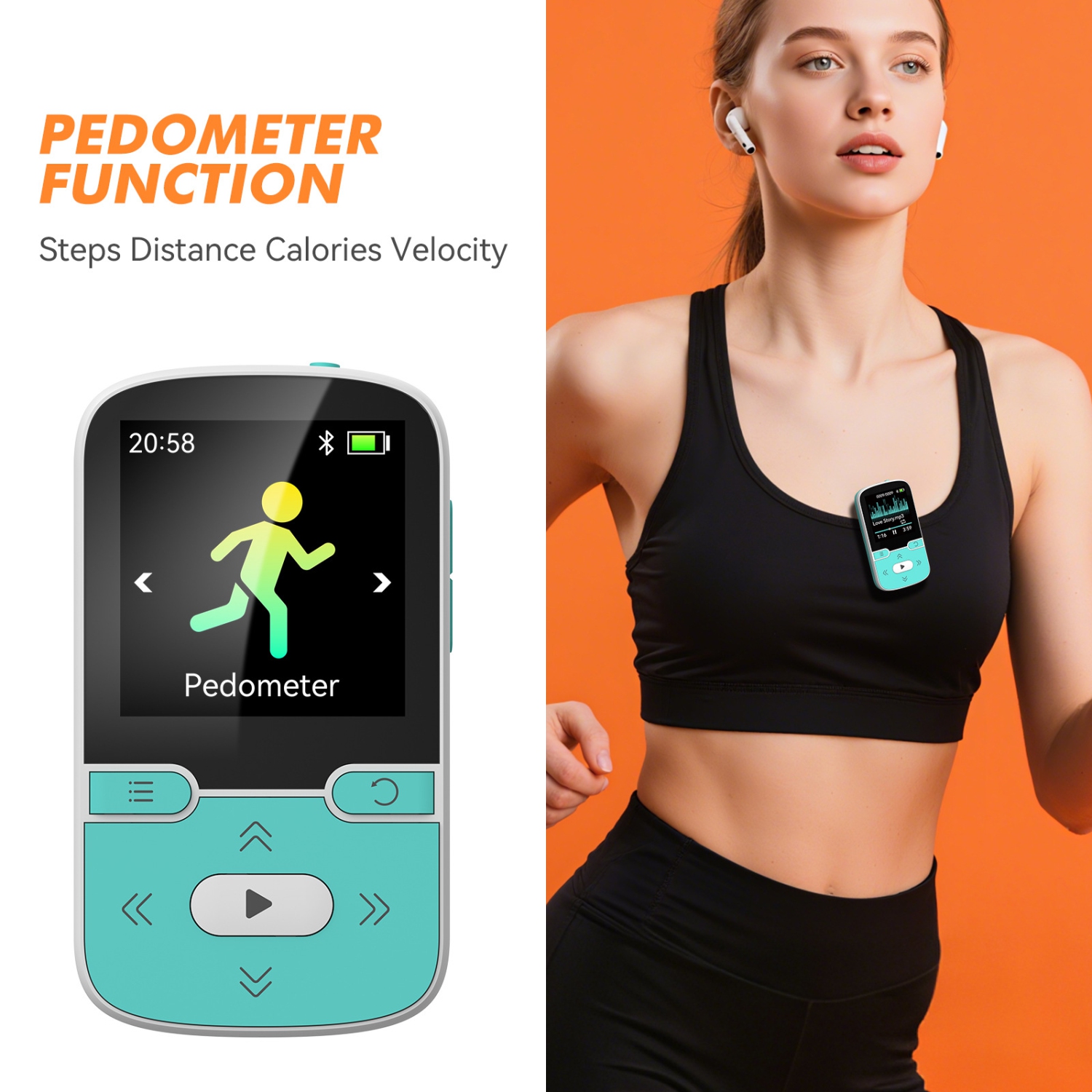 Lecteur Bluetooth 5.3&nbsp;Mpx de 1,2&nbsp;po avec pince - Podomètre sportif, écoute de musique, enregistreur vocal, écran couleur 320 x 240, prise