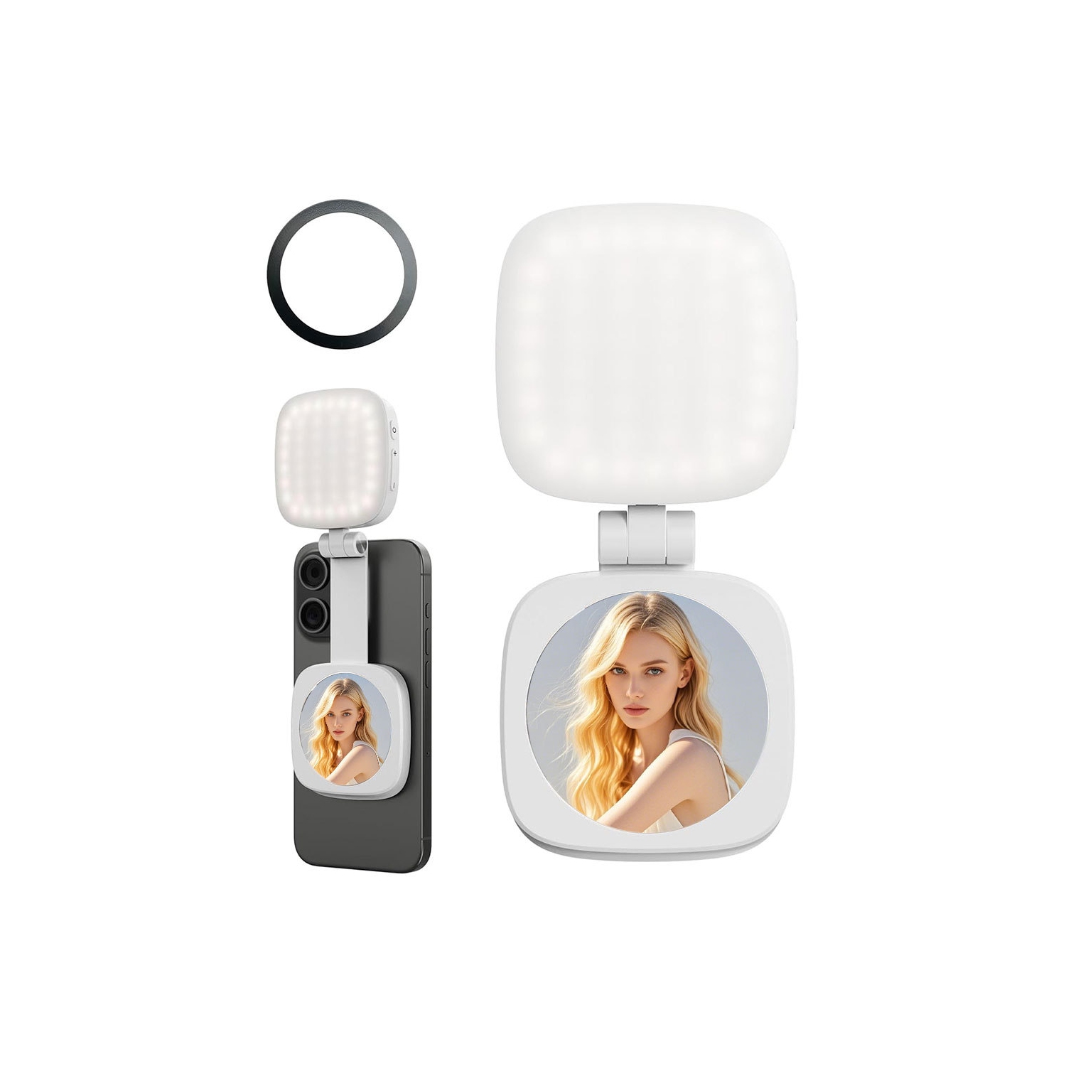 Lampe à égoportrait pour téléphone portable, lampe magnétique pour égoportrait avec mini miroir de voyage, convient à l'iPhone 16/15/14