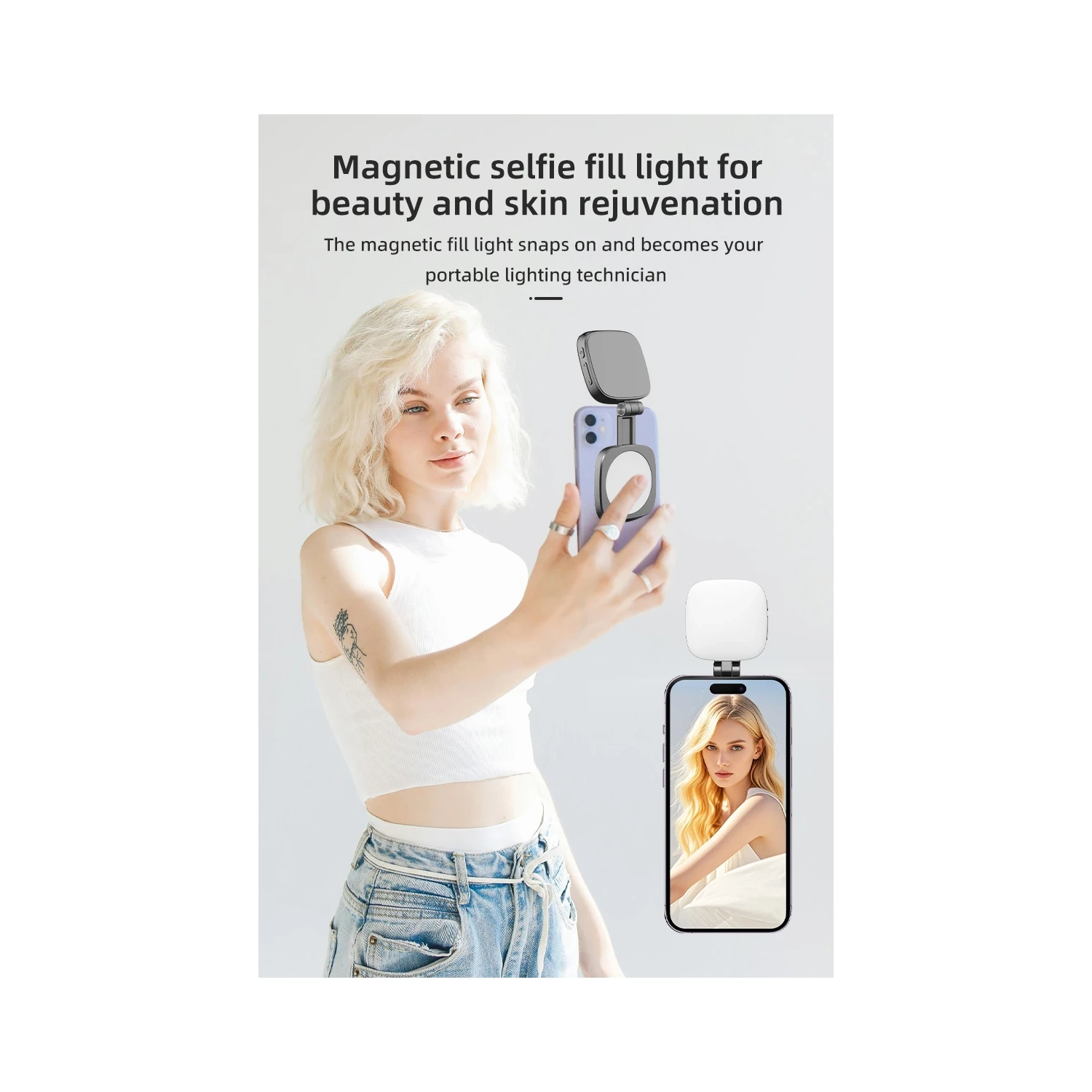 Lampe à égoportrait pour téléphone portable, lampe magnétique pour égoportrait avec mini miroir de voyage, convient à l'iPhone 16/15/14