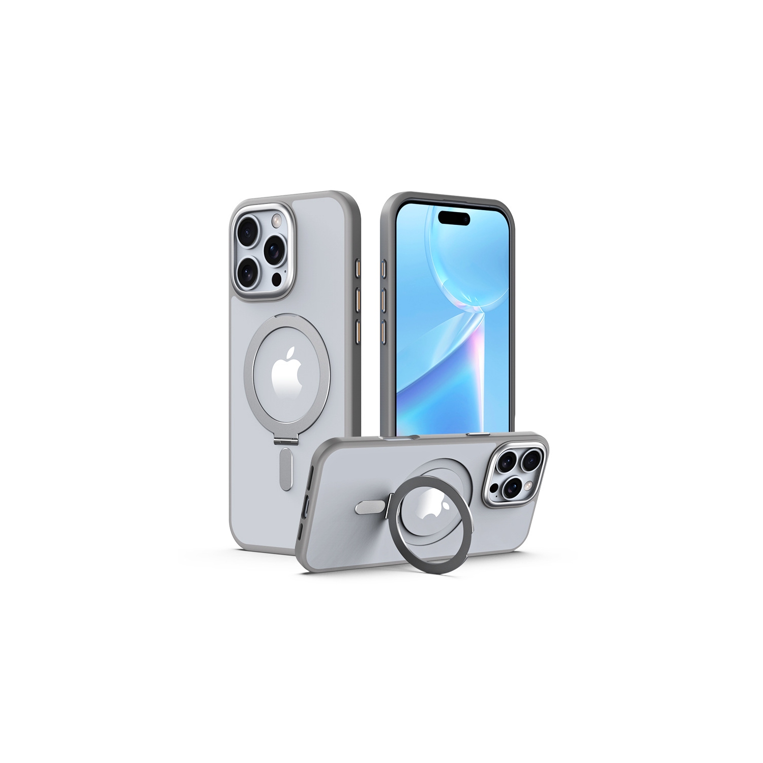 Applicable to iPhone 16 Pro Max mobile phone case, magnetic hidden ring holder, mobile phone case, transparent anti-fall Apple protective case, gray