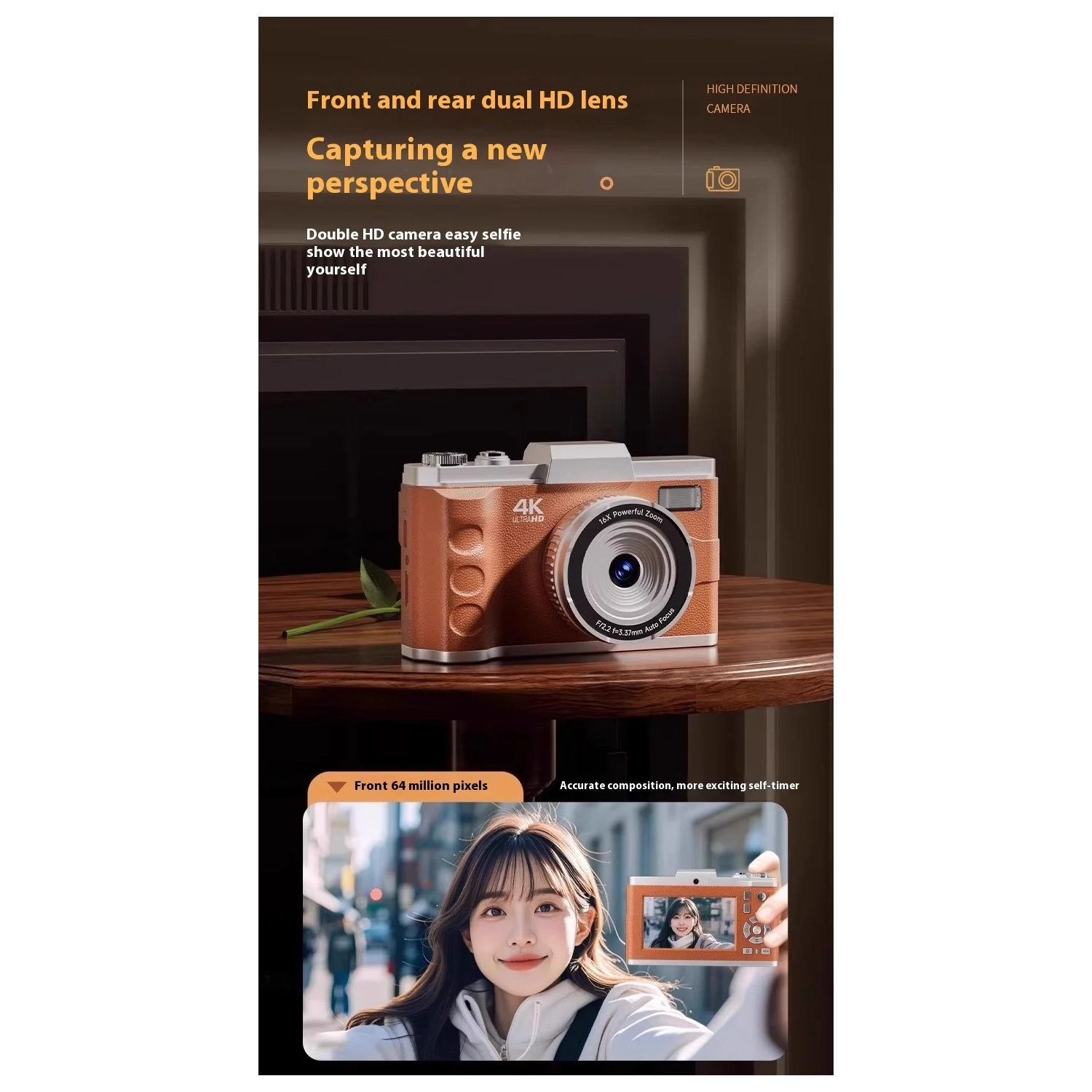 New high-pixel dual-camera selfie retro digital camera 3.0-inch large screen, 16X digital zoom, integrated shooting and video recording, auto focus -