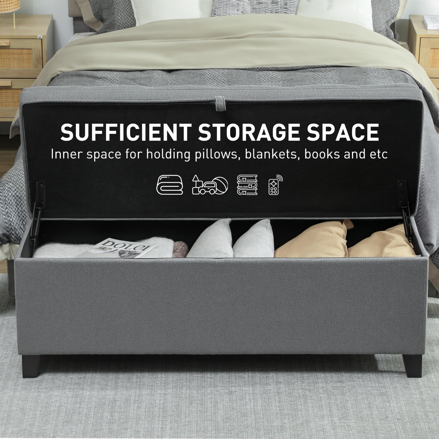 HOMCOM Storage Ottoman Bench, Foot Rest with Safety Hinges and Legs, End of Bed Bench, 47 Inches Linen Storage Chest for Living Room, Bedroom,