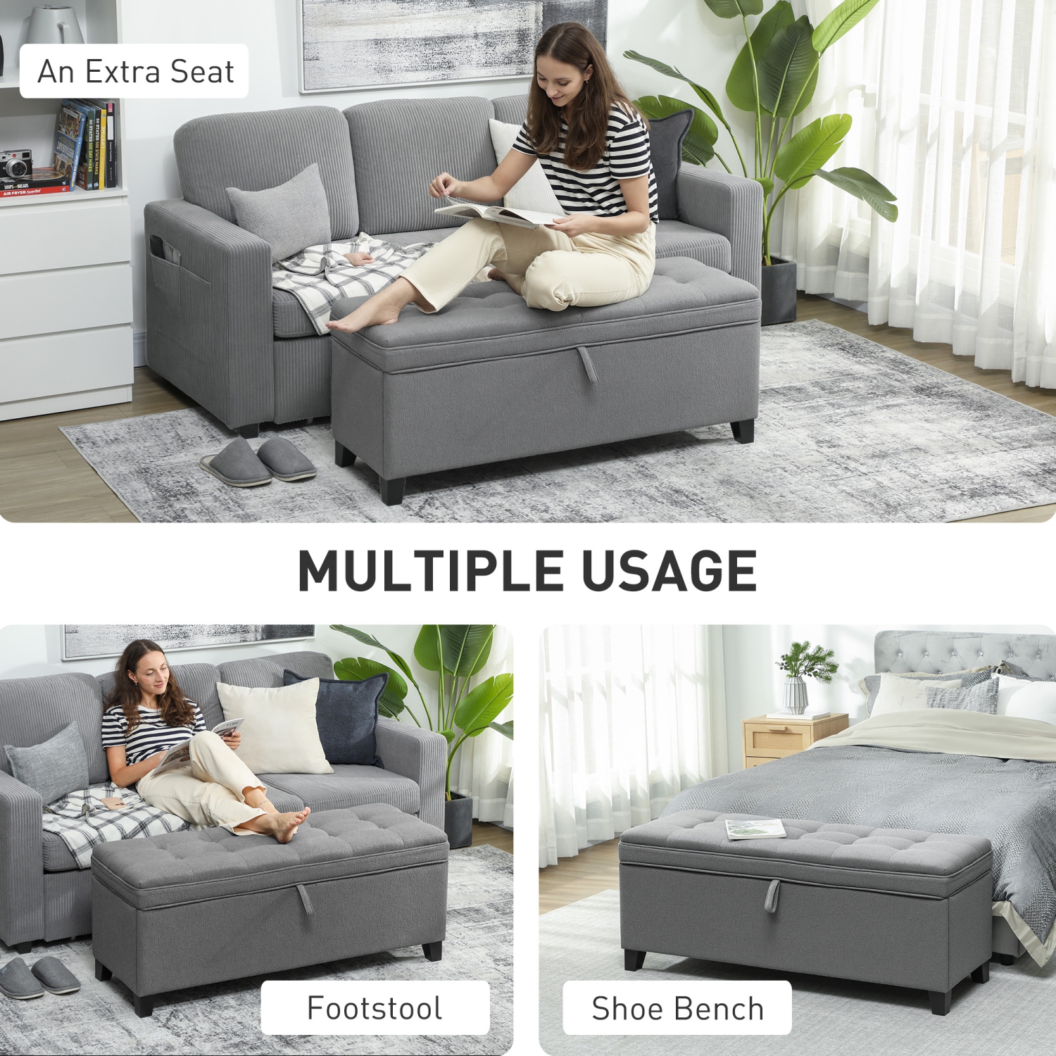 HOMCOM Storage Ottoman Bench, Foot Rest with Safety Hinges and Legs, End of Bed Bench, 47 Inches Linen Storage Chest for Living Room, Bedroom,