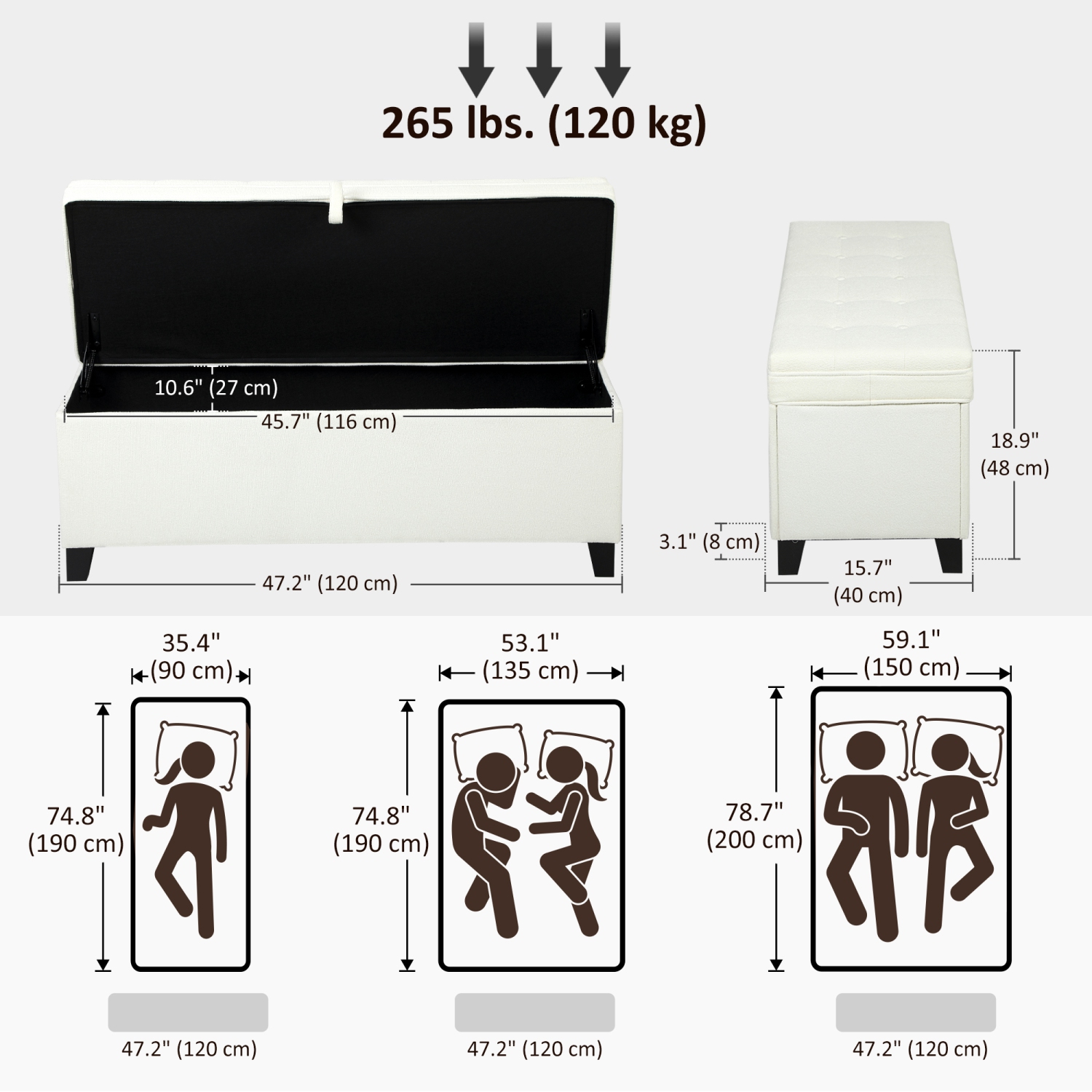 HOMCOM – Banc pouf de rangement, repose-pieds avec charnières et pattes de sécurité, banc d'extrémité, coffre de rangement en lin de 47&nbsp;po pour
