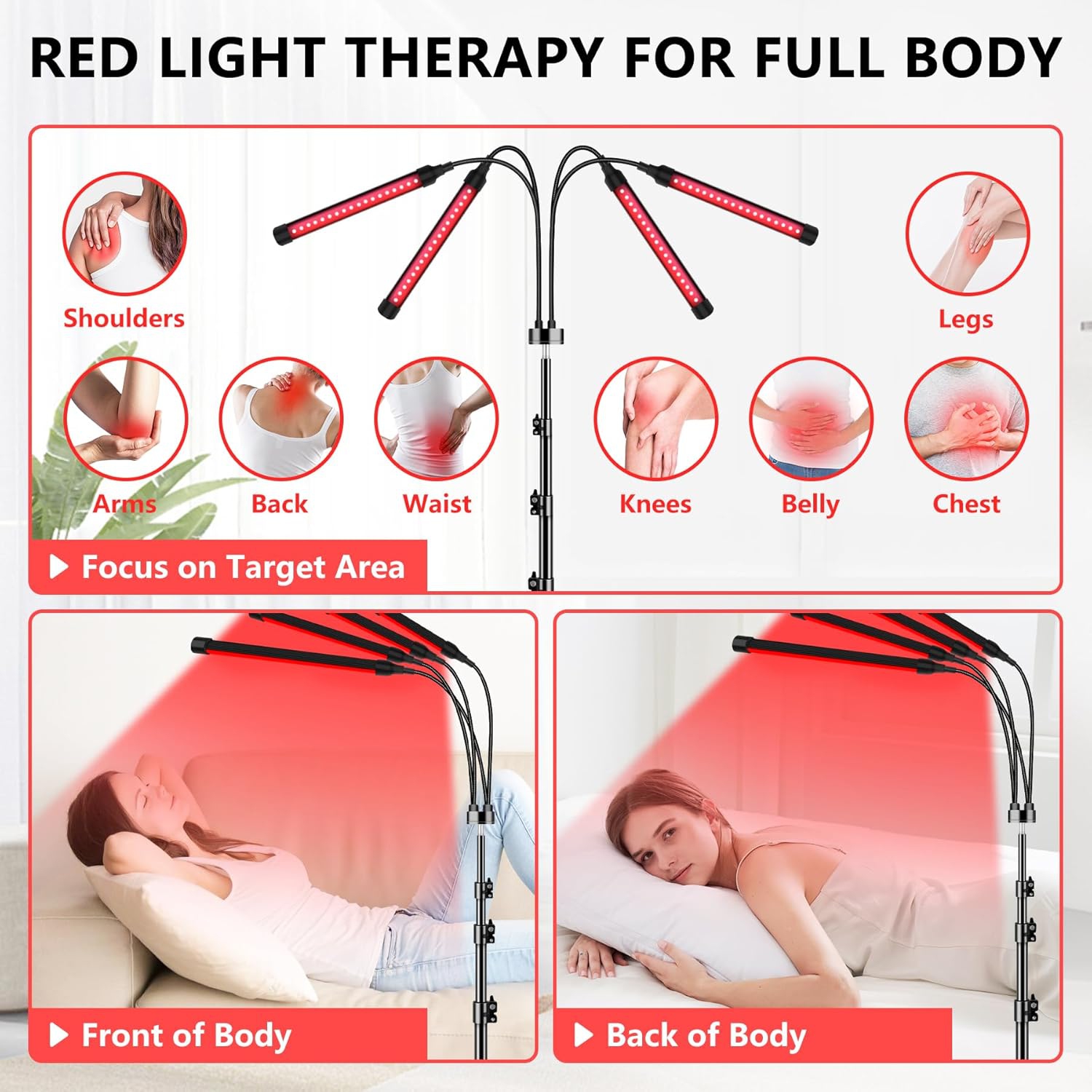 Red Light Therapy for Face and Body, 180 LED Infrared Red Light Therapy Device, Four Head Red Light Therapy Lamp with Adjustable Stand, 660nm Red and