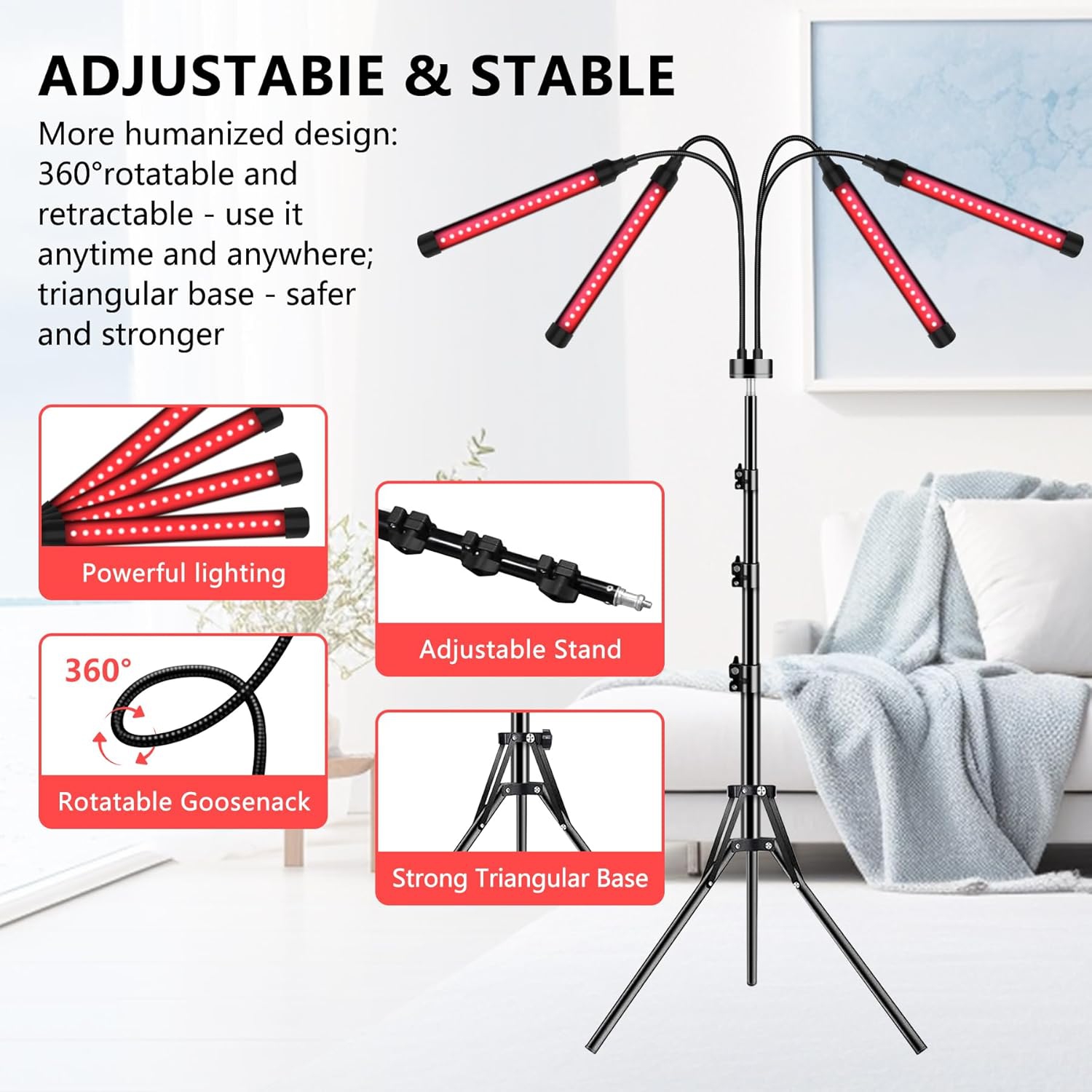 Red Light Therapy for Face and Body, 180 LED Infrared Red Light Therapy Device, Four Head Red Light Therapy Lamp with Adjustable Stand, 660nm Red and