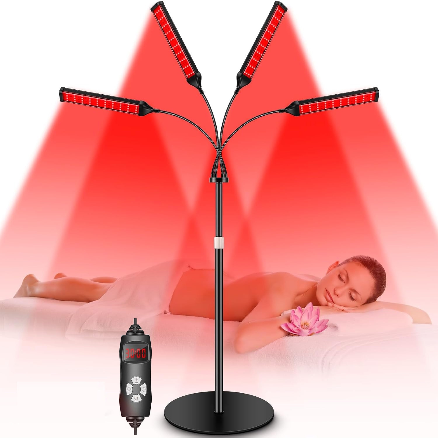 Lampe de thérapie à lumière rouge, appareil de thérapie à infrarouge pour le corps à 4 têtes avec support réglable, 660&nbsp;nm, appareil de
