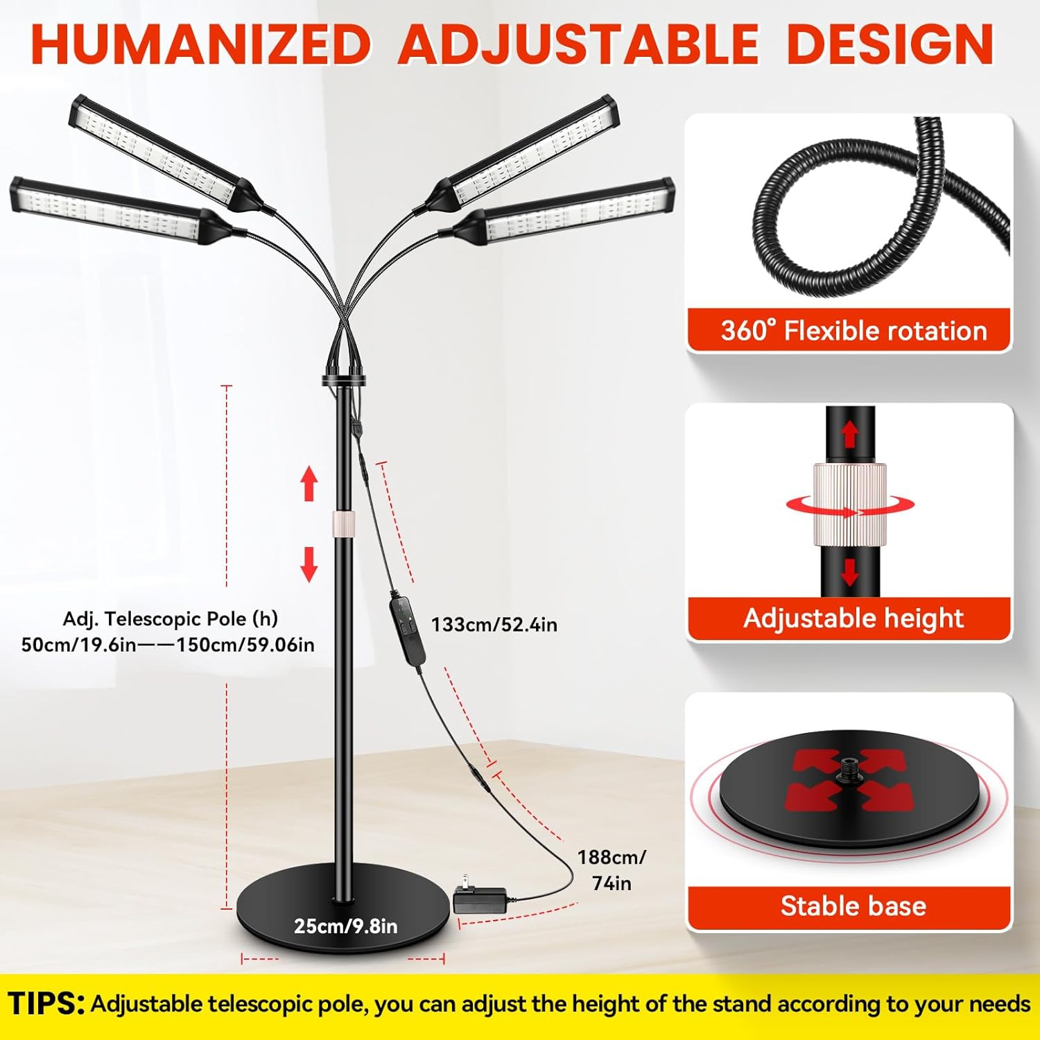 Lampe de thérapie à lumière rouge, appareil de thérapie à infrarouge pour le corps à 4 têtes avec support réglable, 660&nbsp;nm, appareil de