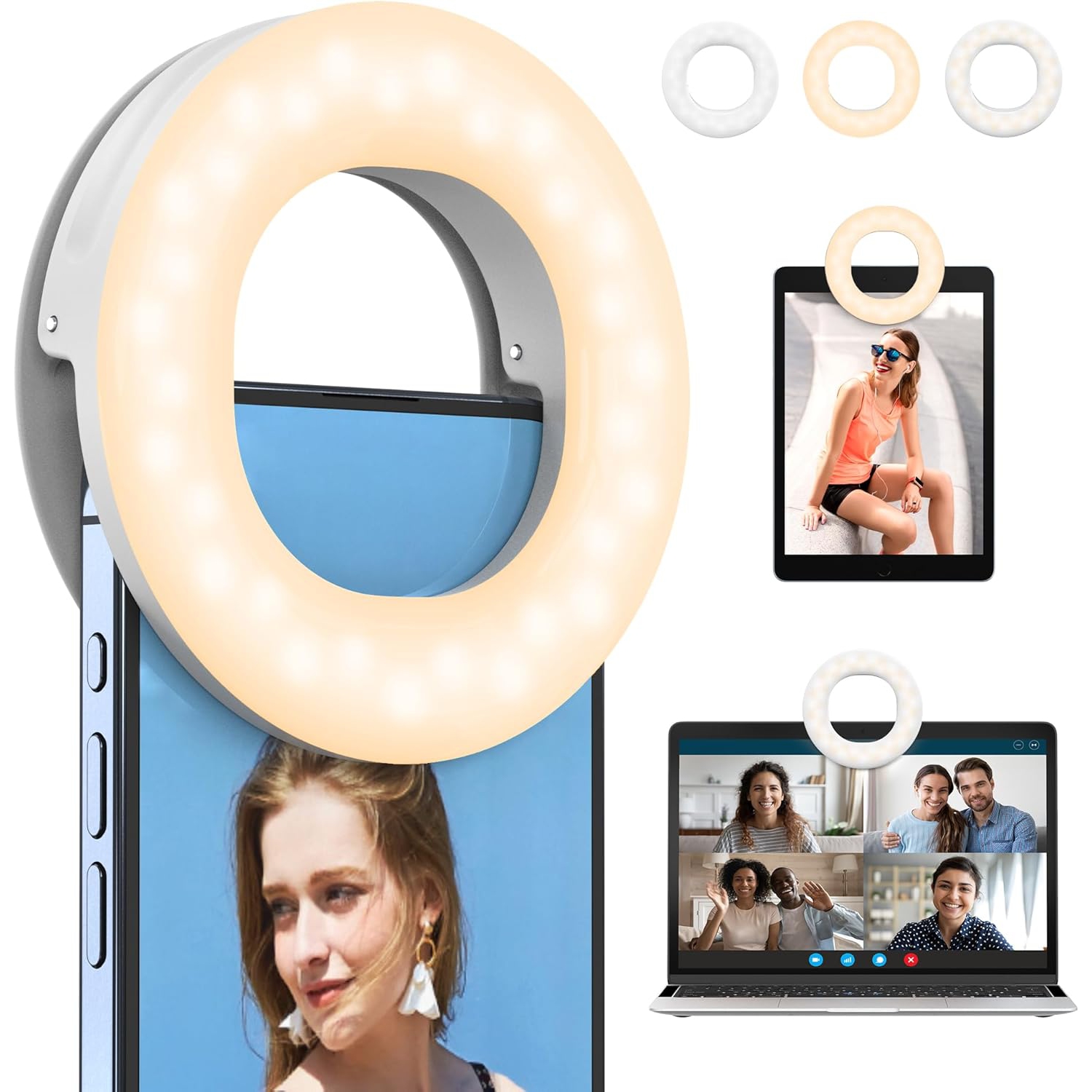 Anneau lumineux à pince YOULIGHTS, lampe rechargeable pour égoportraits, anneau lumineux portatif pour égoportraits et 3 lampe réglable