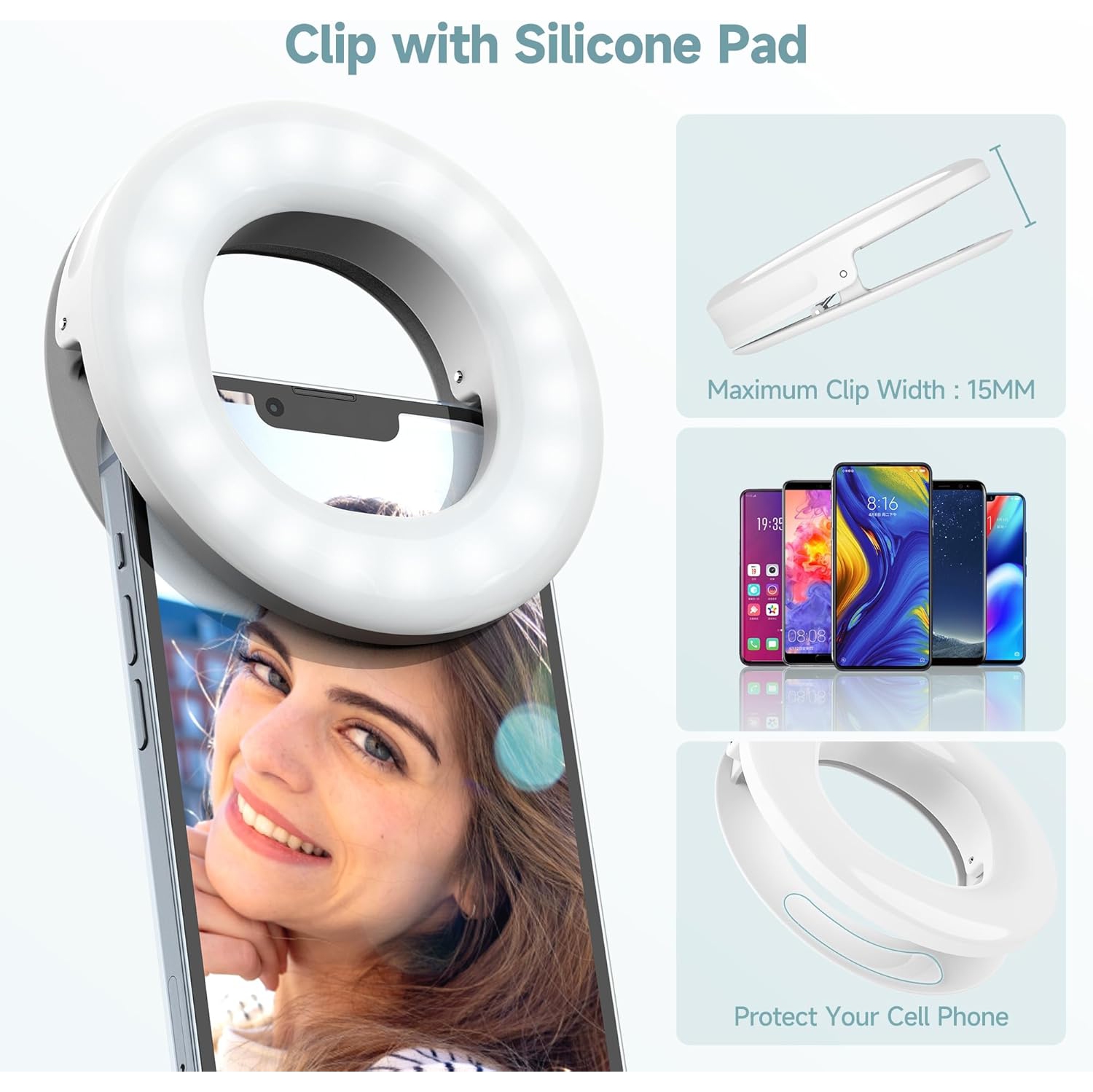 Anneau lumineux à pince YOULIGHTS, lampe rechargeable pour égoportraits, anneau lumineux portatif pour égoportraits et 3 lampe réglable