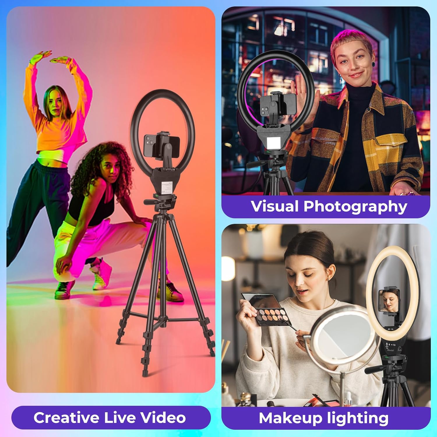 YOULIGHTS Sensyne 10'' RGB Ring Light with 50'' Extendable Tripod Stand, Circle Lights with Phone Holder