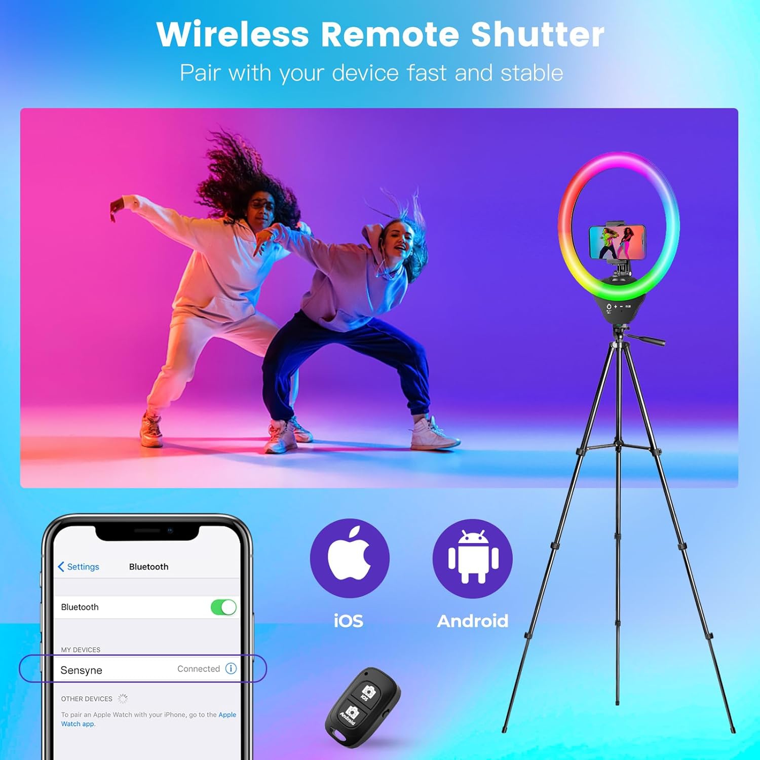 YOULIGHTS Sensyne 10'' RGB Ring Light with 50'' Extendable Tripod Stand, Circle Lights with Phone Holder