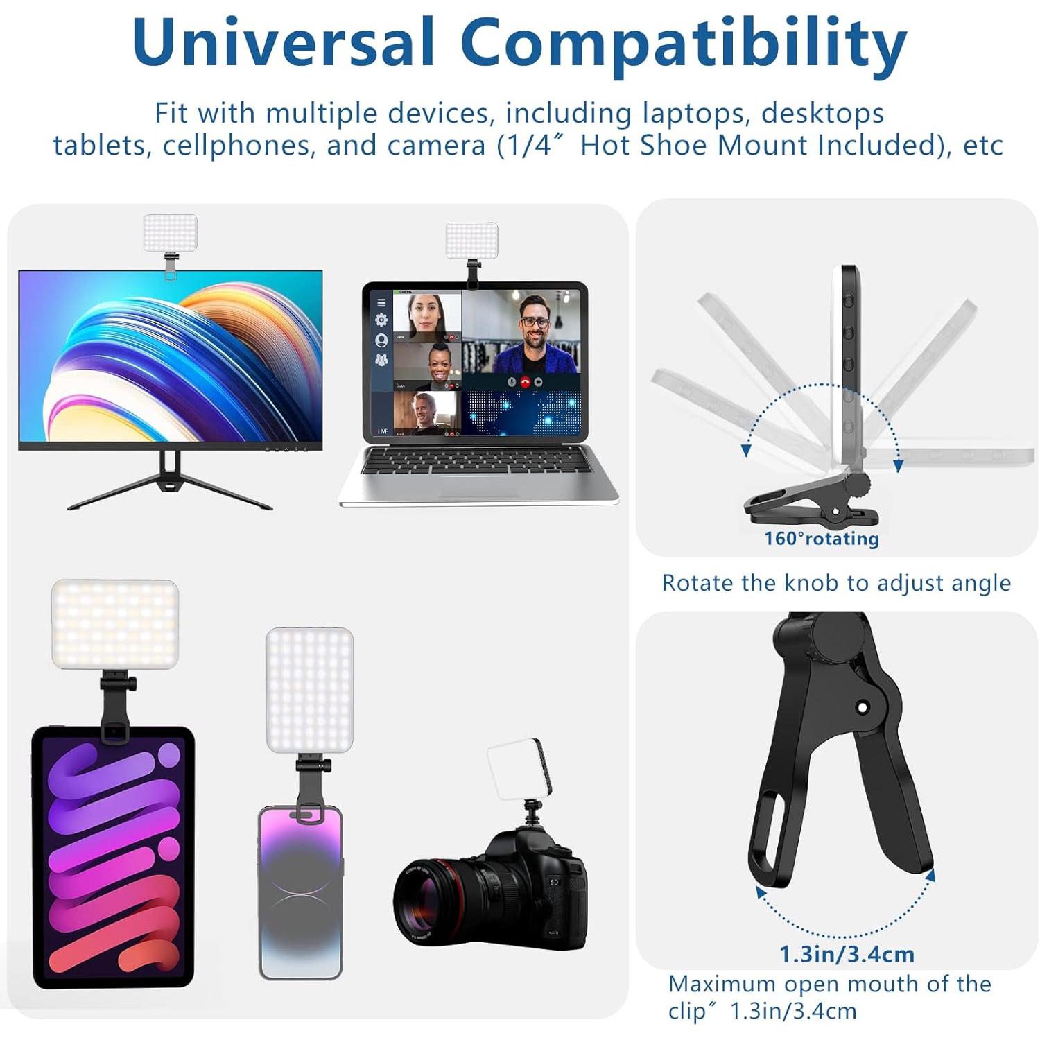 YOULIGHTS 60 LED Portable Selfie Light Video Conference Lighting with Clip & Camera Tripod Adapter Rechargeable 2200mAh CRI 97+, 3 Light Modes