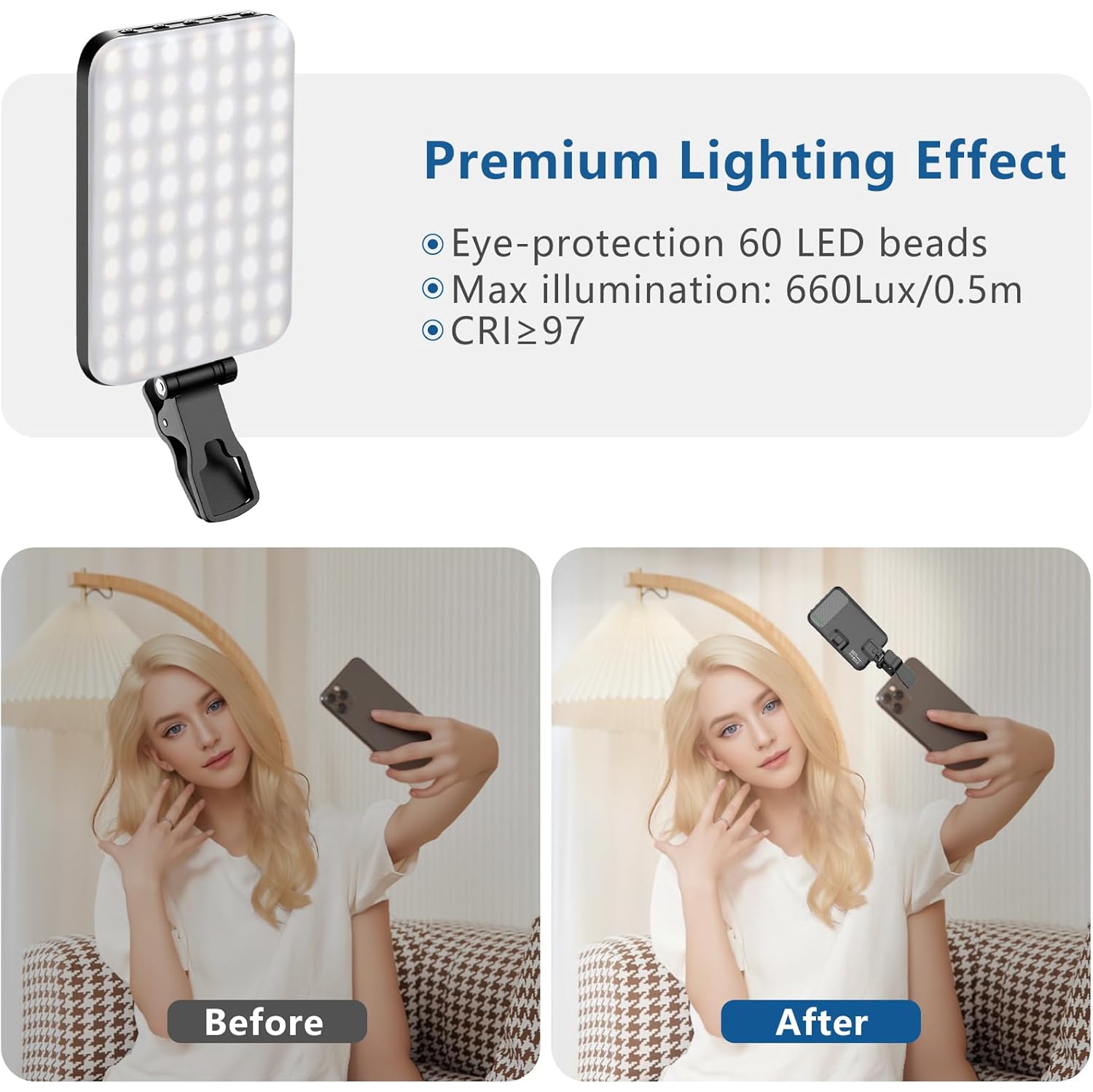 YOULIGHTS 60 LED Portable Selfie Light Video Conference Lighting with Clip & Camera Tripod Adapter Rechargeable 2200mAh CRI 97+, 3 Light Modes