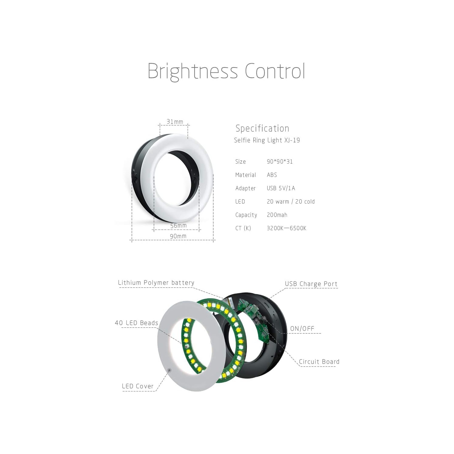 Lampe d'appoint portative rechargeable à pince pour égoportraits XINBAOHONG de YOULIGHTS avec 40 LED pour téléphone intelligent, photo et vidéo